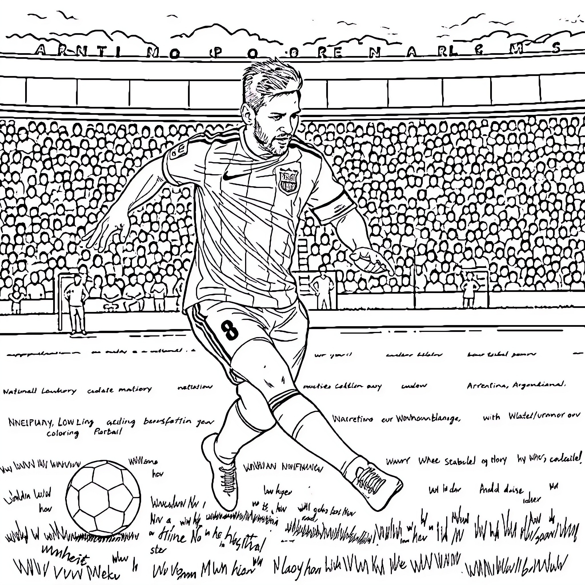 Messi's Energetic Football Match on the Field Coloring Page (free black-and-white line drawing printable PDF for all, from beginners to advanced learners, including children, teens, adults, and seniors)