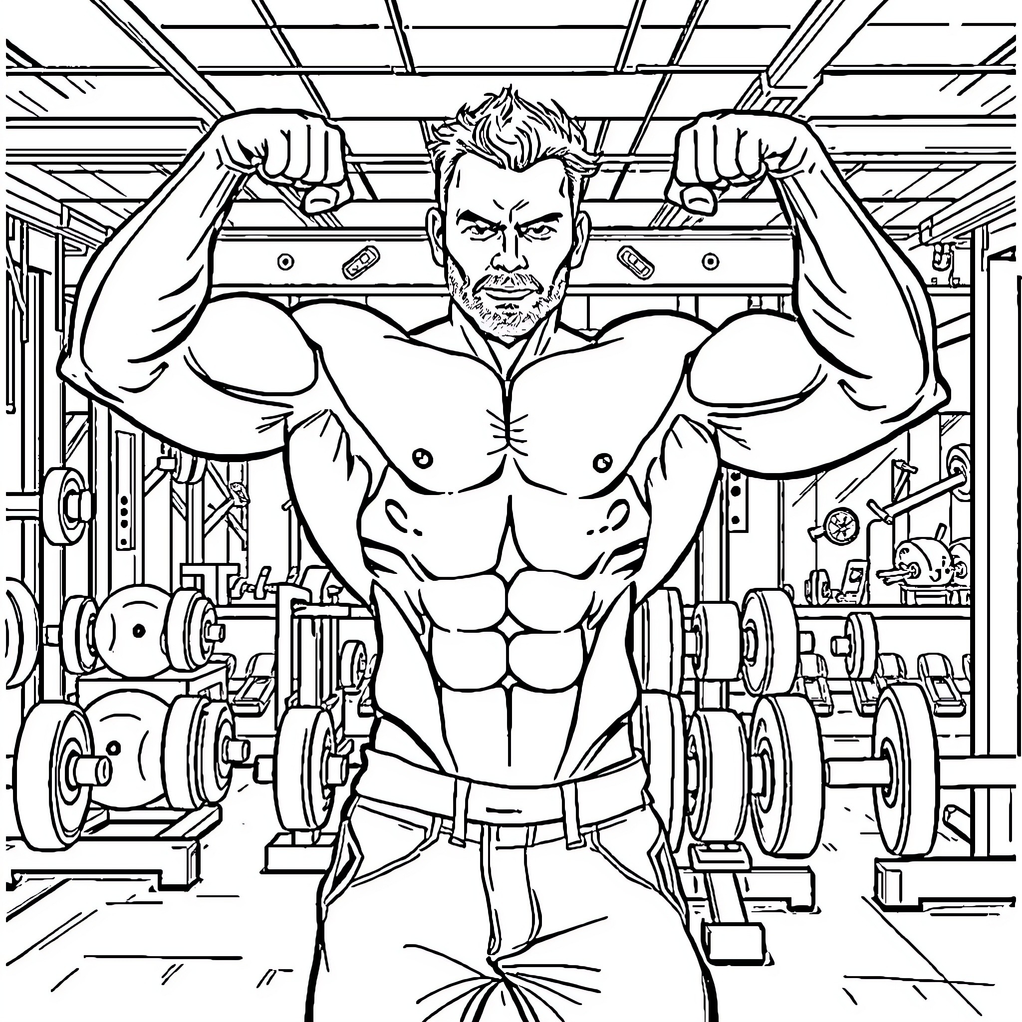 Man working out intensely at the gym Coloring Page (free black-and-white line drawing printable PDF for all, from beginners to advanced learners, including children, teens, adults, and seniors)