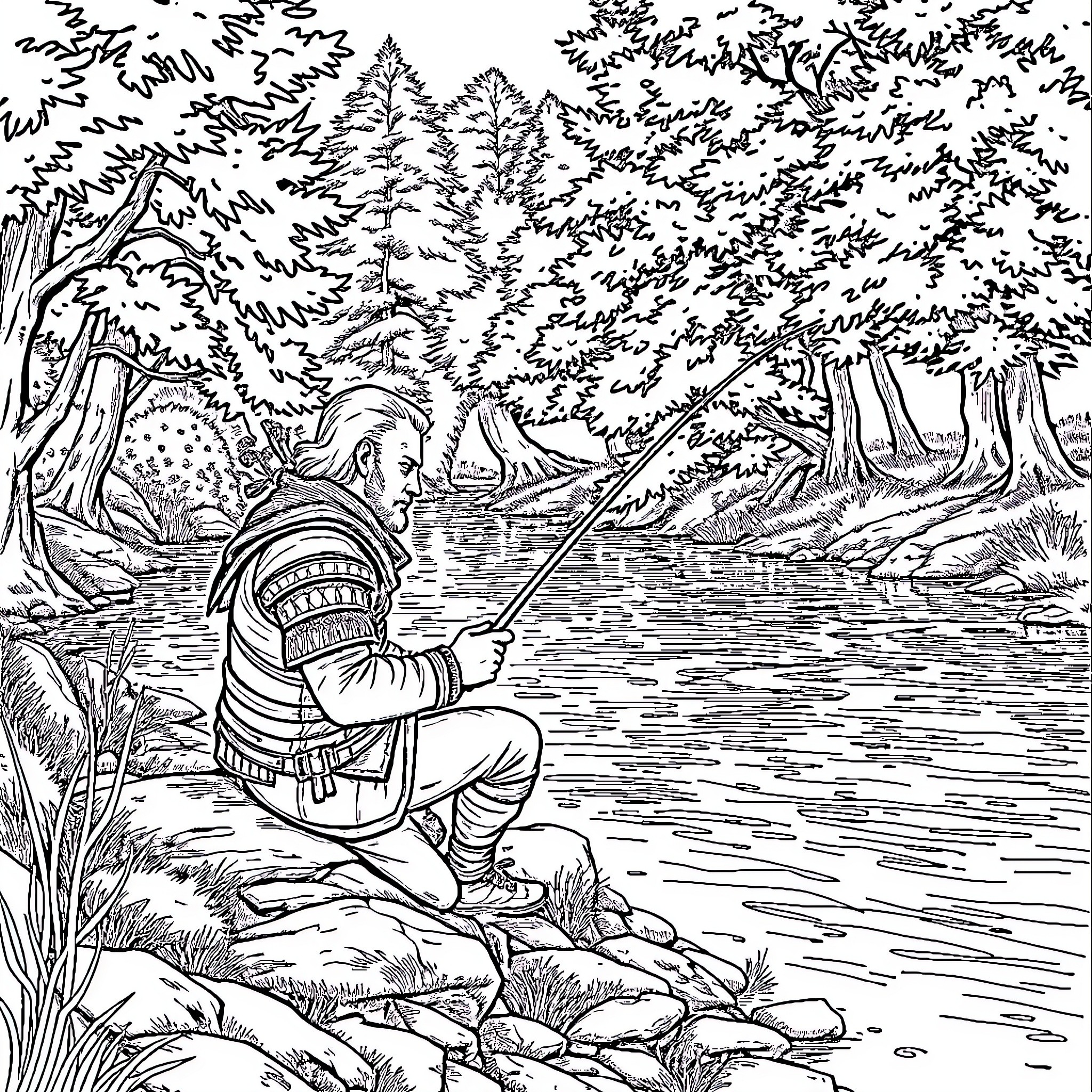 Geralt contemplating the serene forest landscape Coloring Page (free black-and-white line drawing printable PDF for all, from beginners to advanced learners, including children, teens, adults, and seniors)
