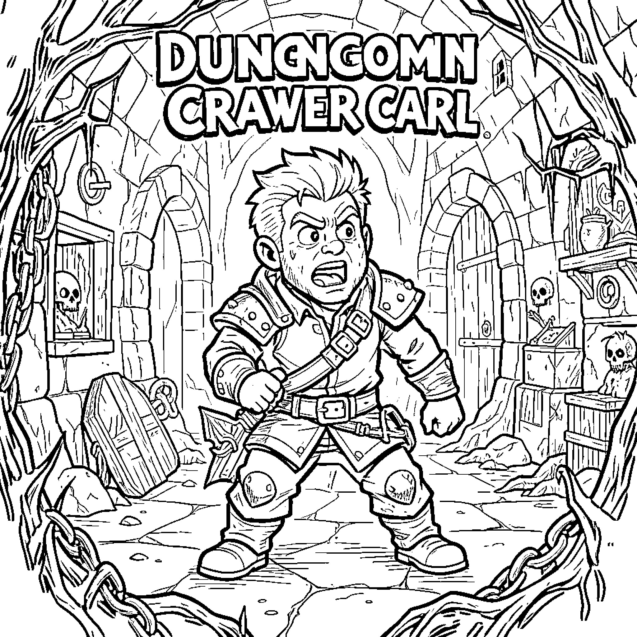 Dungeon Crawler Carl explores a perilous dungeon Coloring Page (free black-and-white line drawing printable PDF for all, from beginners to advanced learners, including children, teens, adults, and seniors)