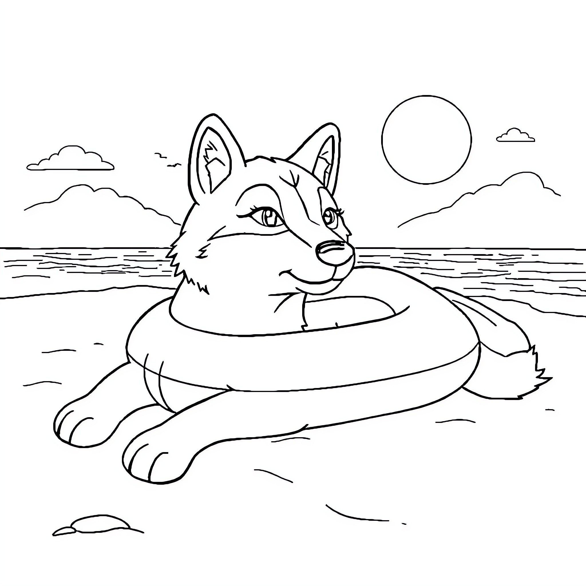 Wolf relaxing in inflatable pool on beach Coloring Page (free black-and-white line drawing printable PDF for all, from beginners to advanced learners, including children, teens, adults, and seniors)