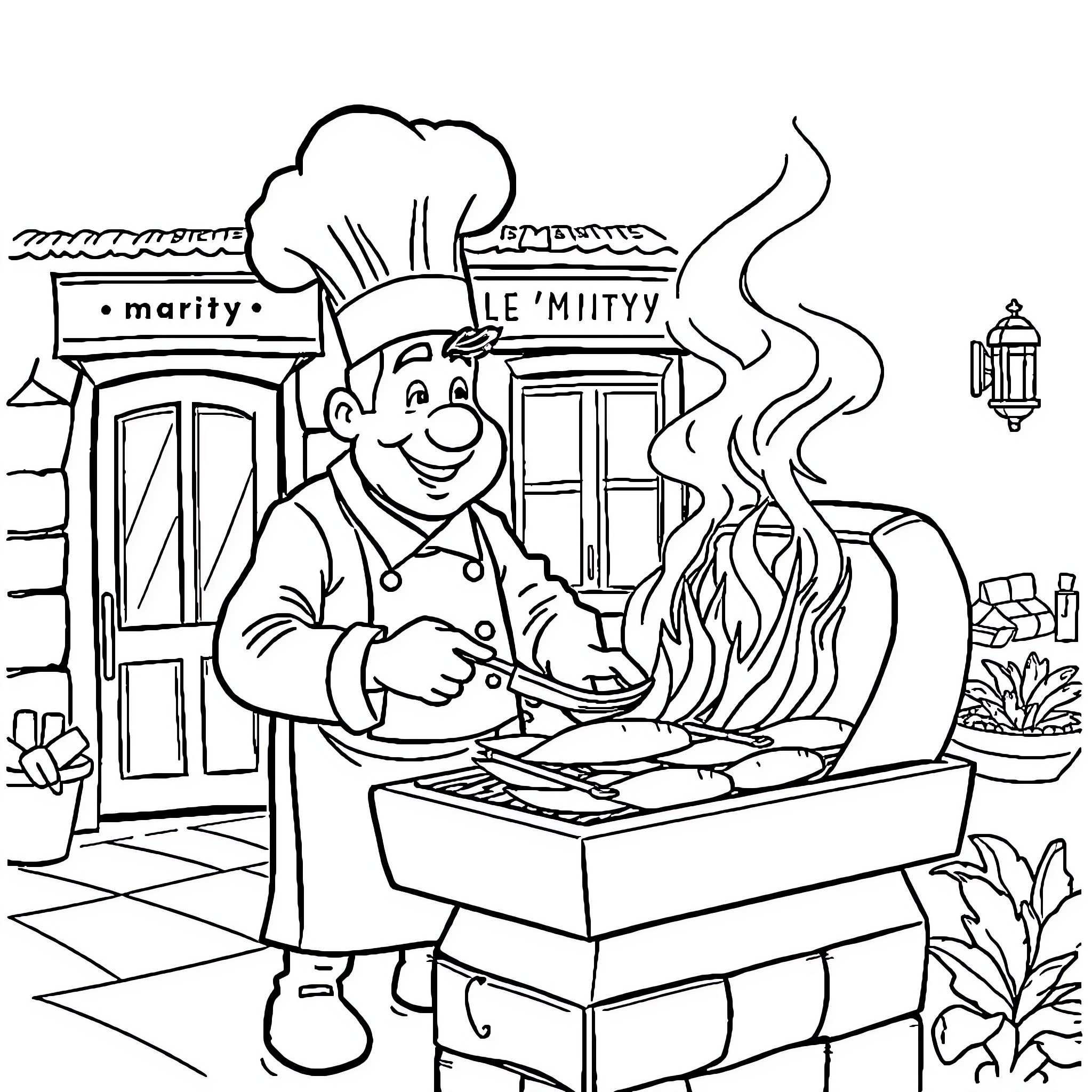 Chef Cooking Delicious Meal in Lively Restaurant Coloring Page (free black-and-white line drawing printable PDF for all, from beginners to advanced learners, including children, teens, adults, and seniors)