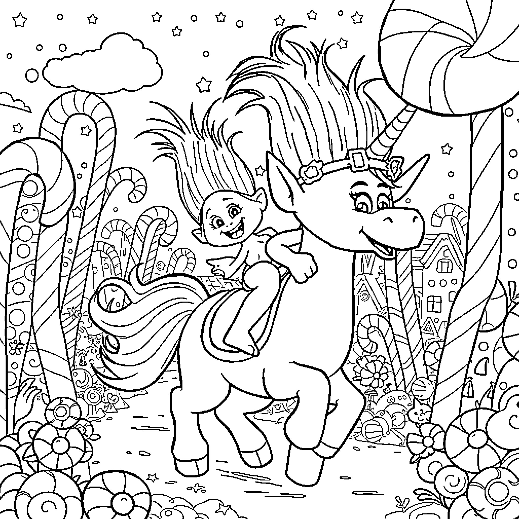 Poppy and Peppy's Fantastical Adventure Coloring Page (free black-and-white line drawing printable PDF for all, from beginners to advanced learners, including children, teens, adults, and seniors)