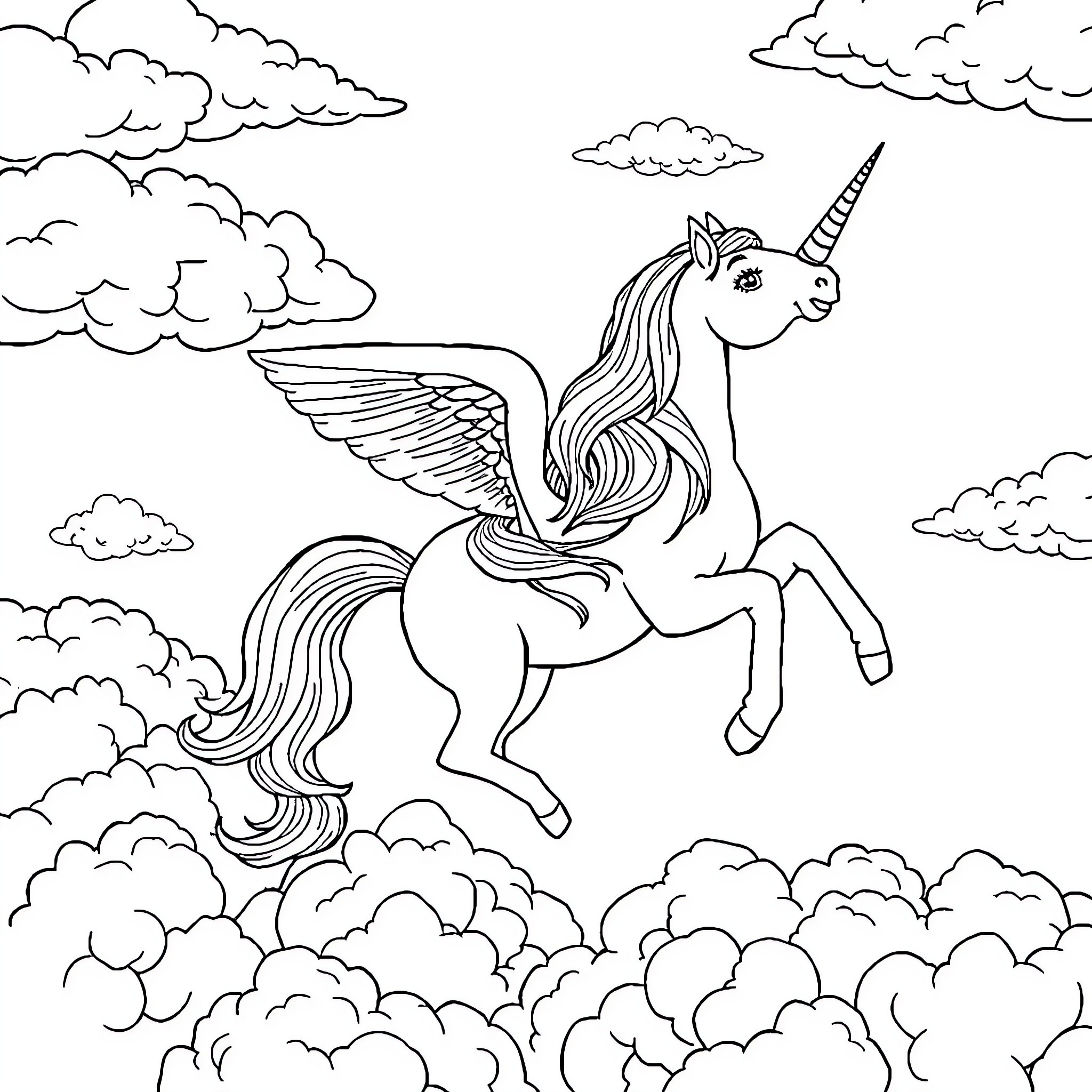 Unicorn Soaring Through the Cloudy Sky Coloring Page (free black-and-white line drawing printable PDF for all, from beginners to advanced learners, including children, teens, adults, and seniors)