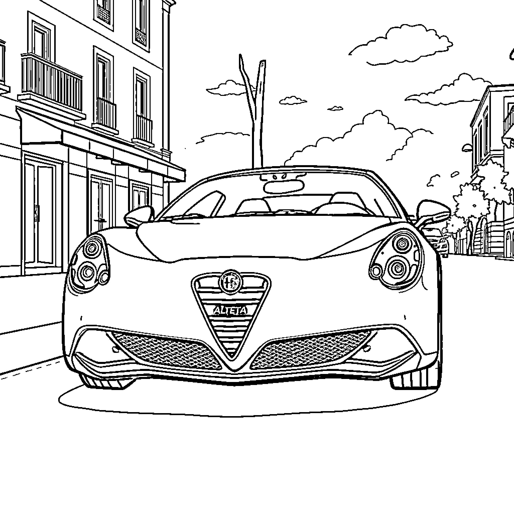 Alfa Giulietta parked on city street Coloring Page (free black-and-white line drawing printable PDF for all, from beginners to advanced learners, including children, teens, adults, and seniors)