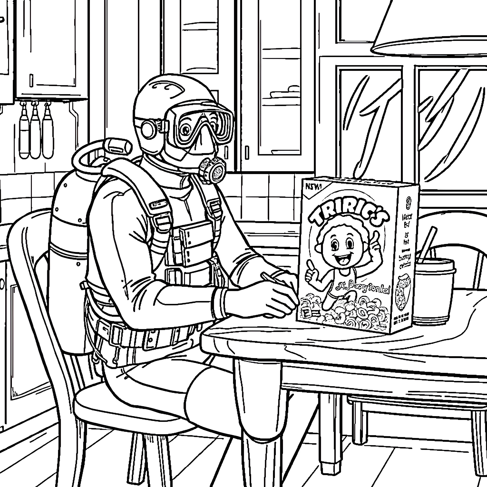 Scuba Diver Relaxing in Underwater Kitchen Coloring Page (free black-and-white line drawing printable PDF for all, from beginners to advanced learners, including children, teens, adults, and seniors)