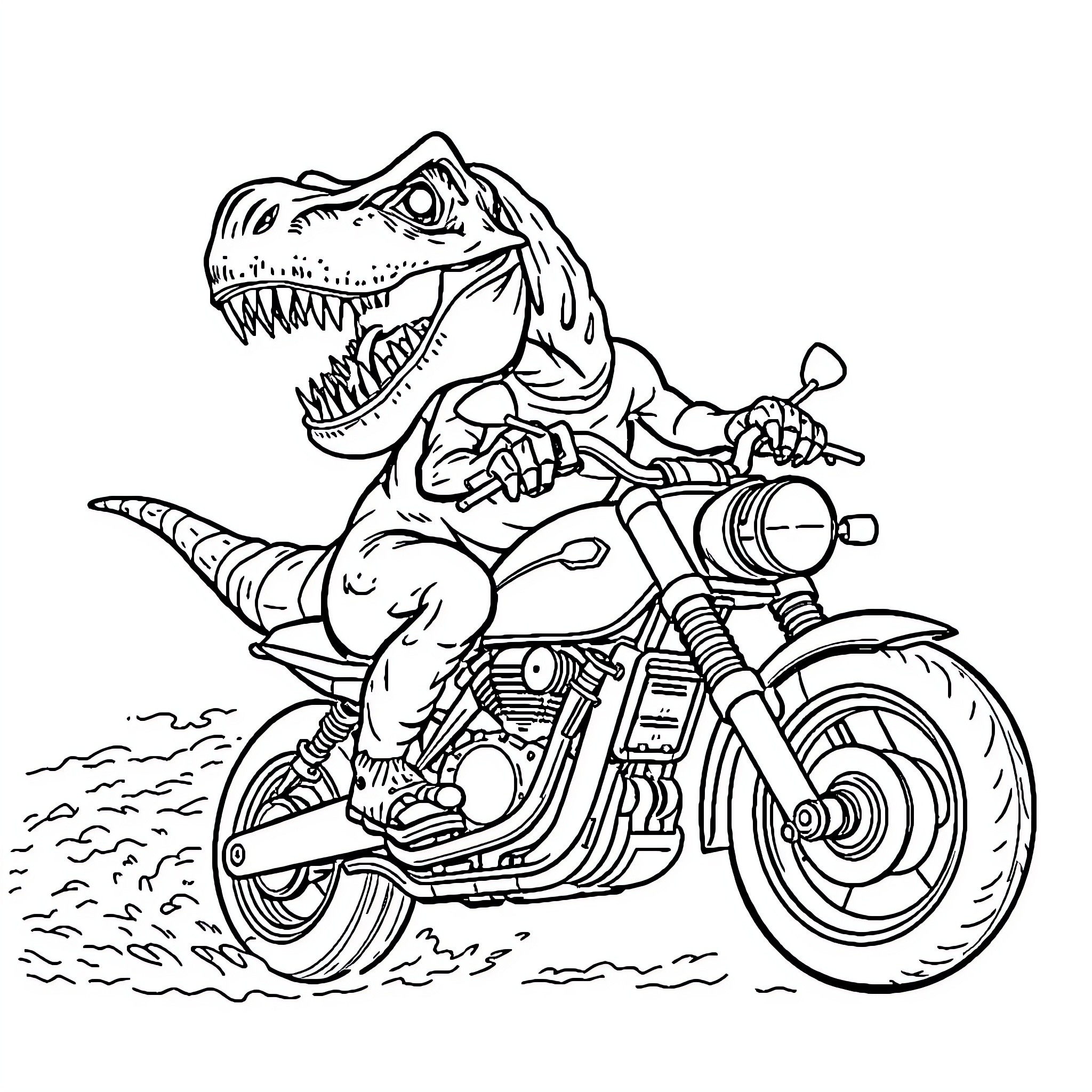 Dinosaur riding motorcycle on the road Coloring Page (free black-and-white line drawing printable PDF for all, from beginners to advanced learners, including children, teens, adults, and seniors)
