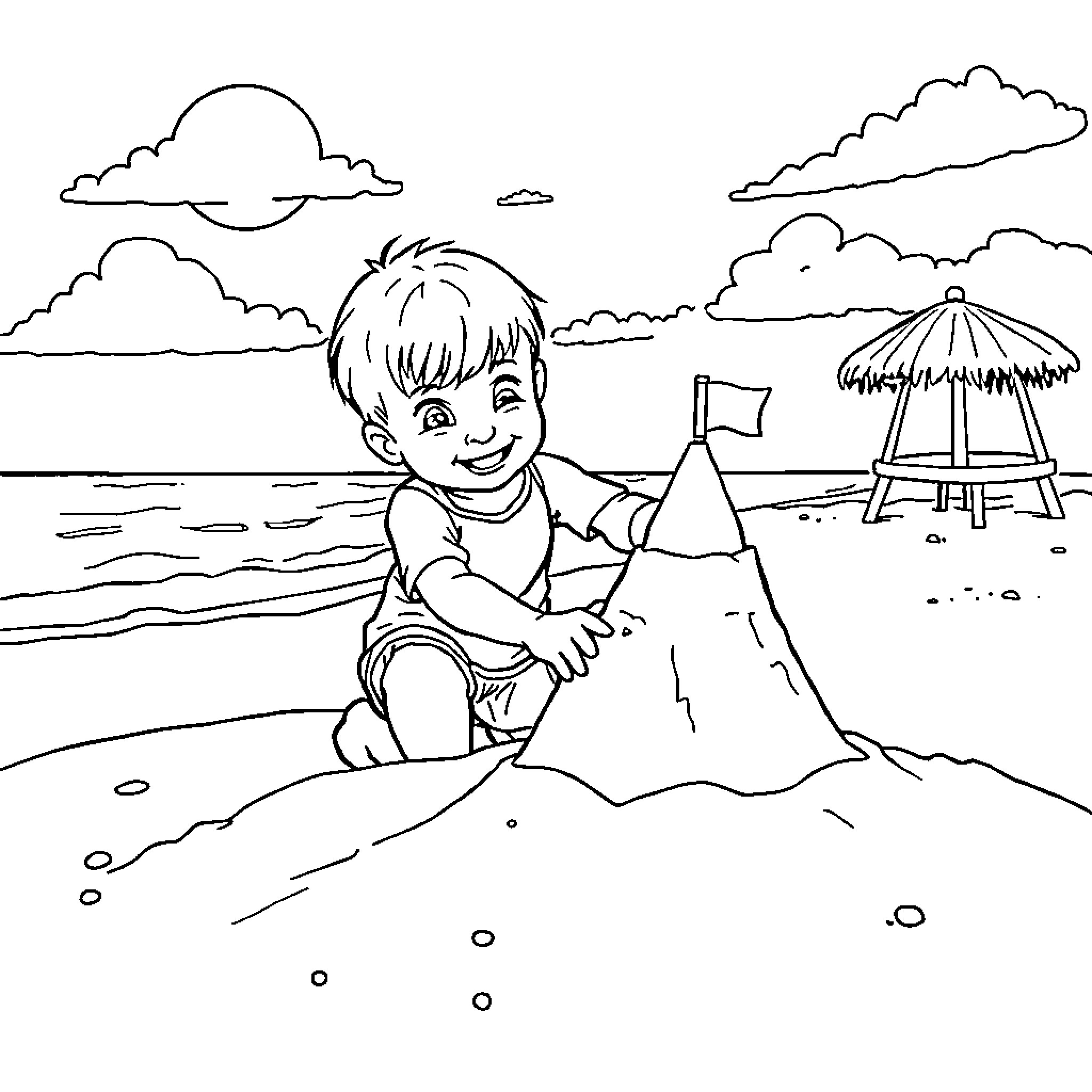 Son playing joyfully on the beach Coloring Page (free black-and-white line drawing printable PDF for all, from beginners to advanced learners, including children, teens, adults, and seniors)