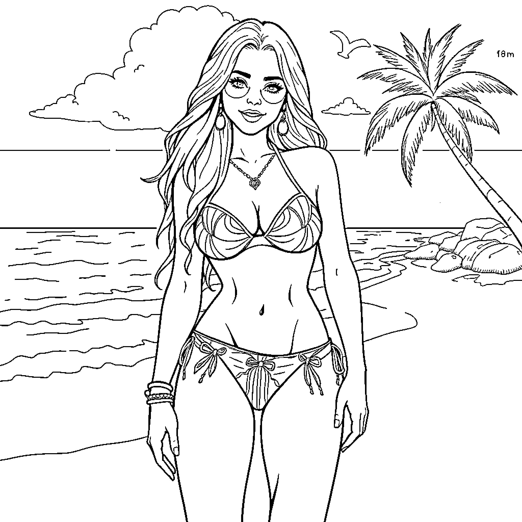 Lady Sylvanas posing confidently in a tropical beach setting Coloring Page (free black-and-white line drawing printable PDF for all, from beginners to advanced learners, including children, teens, adults, and seniors)