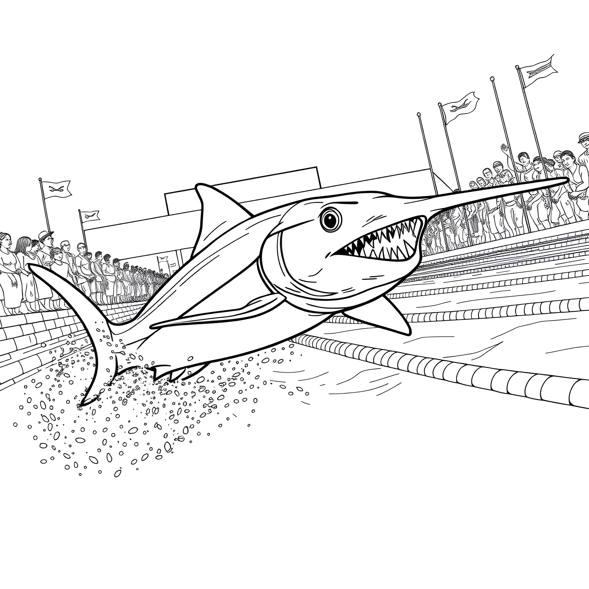 Barracuda racing through the swimming pool Coloring Page (free black-and-white line drawing printable PDF for all, from beginners to advanced learners, including children, teens, adults, and seniors)