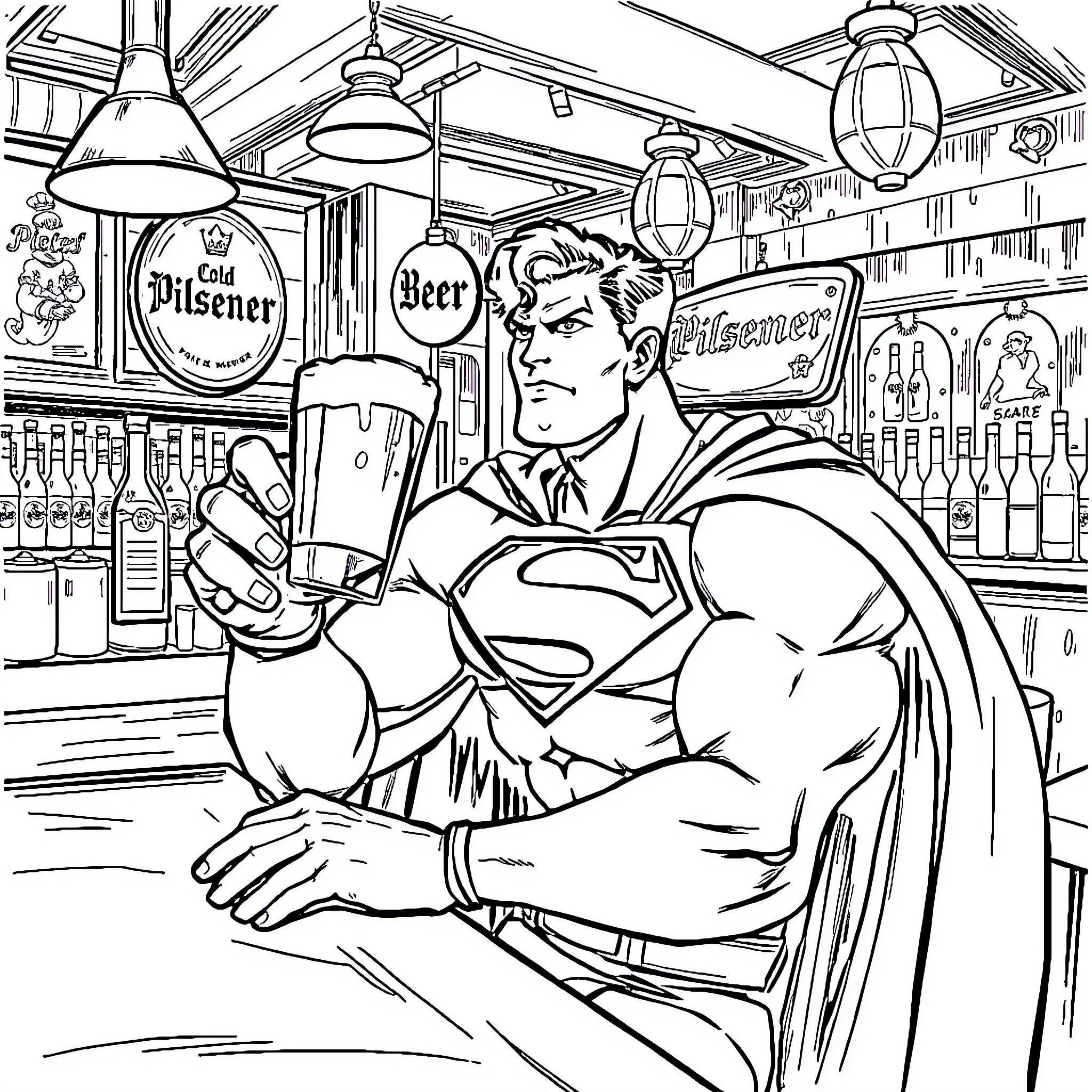 Superman enjoying a cold Pilsner beer at the bar Coloring Page (free black-and-white line drawing printable PDF for all, from beginners to advanced learners, including children, teens, adults, and seniors)