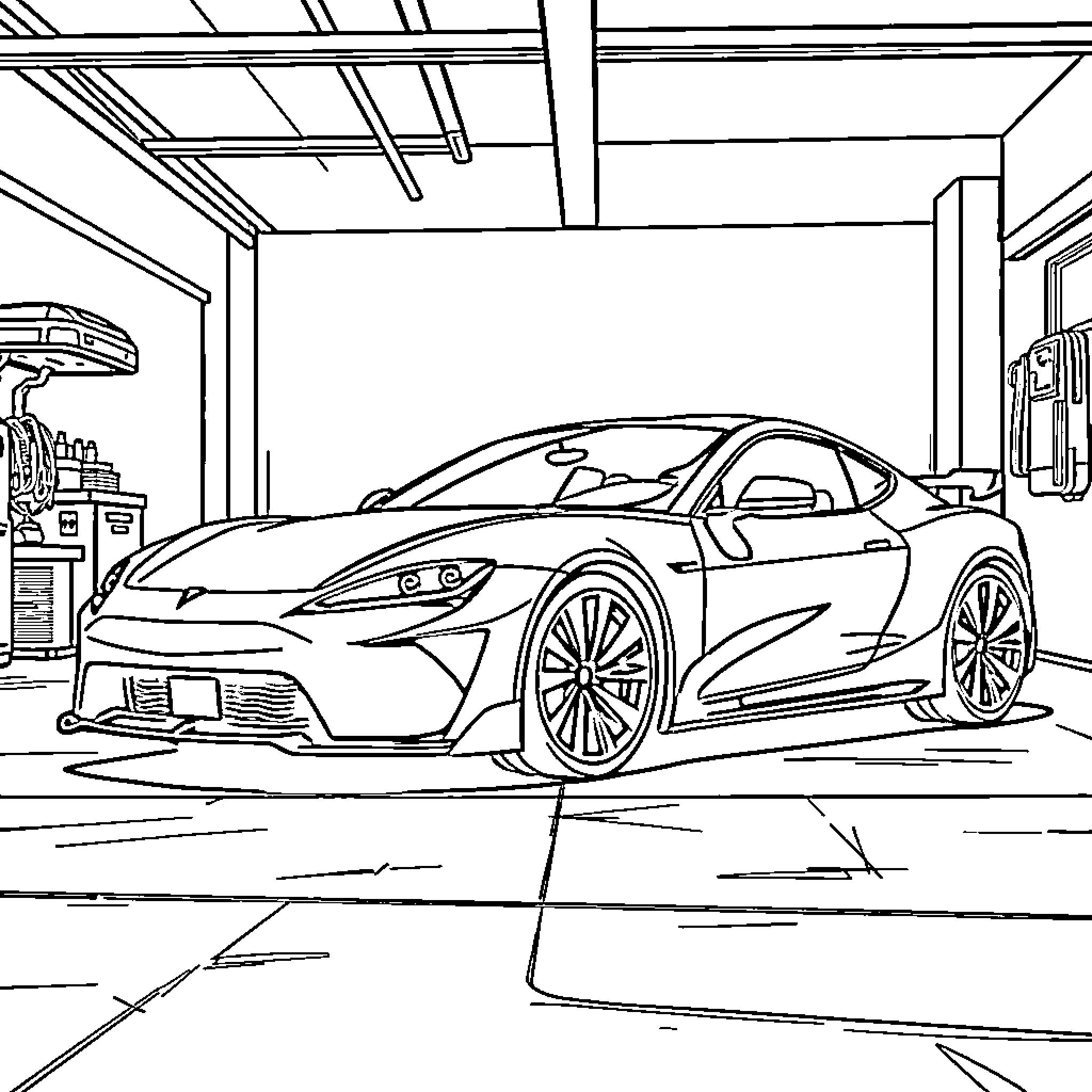 Tesla sports car in the garage Coloring Page (free black-and-white line drawing printable PDF for all, from beginners to advanced learners, including children, teens, adults, and seniors)