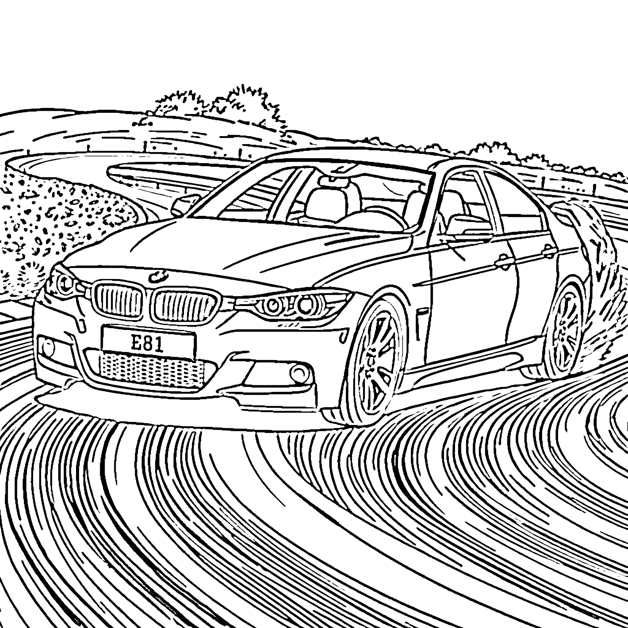 BMW Luxury Sedan Navigating Winding Country Road Coloring Page (free black-and-white line drawing printable PDF for all, from beginners to advanced learners, including children, teens, adults, and seniors)