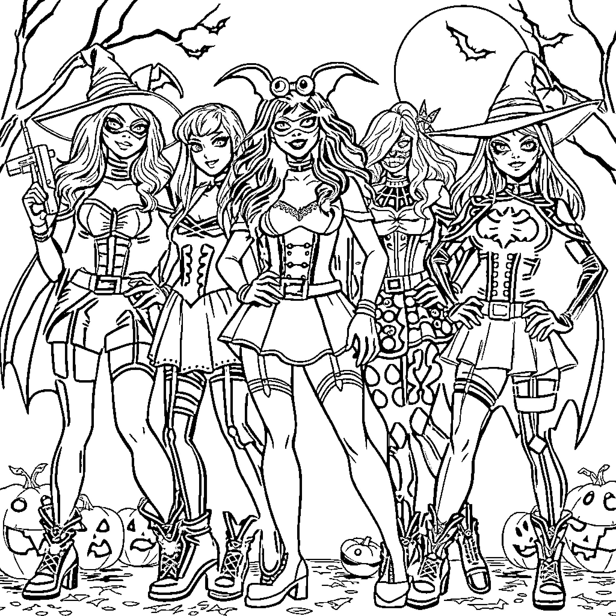 Pop Warrior Women in Fierce Halloween Attire Coloring Page (free black-and-white line drawing printable PDF for all, from beginners to advanced learners, including children, teens, adults, and seniors)