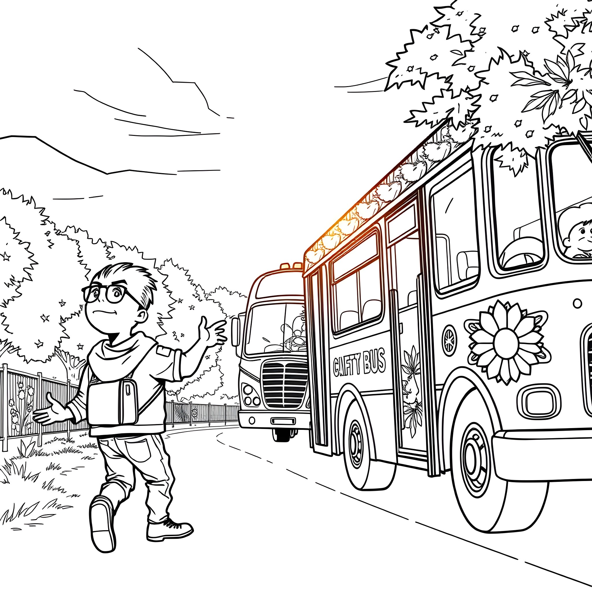 Boy waving goodbye to school bus on the road Coloring Page (free black-and-white line drawing printable PDF for all, from beginners to advanced learners, including children, teens, adults, and seniors)