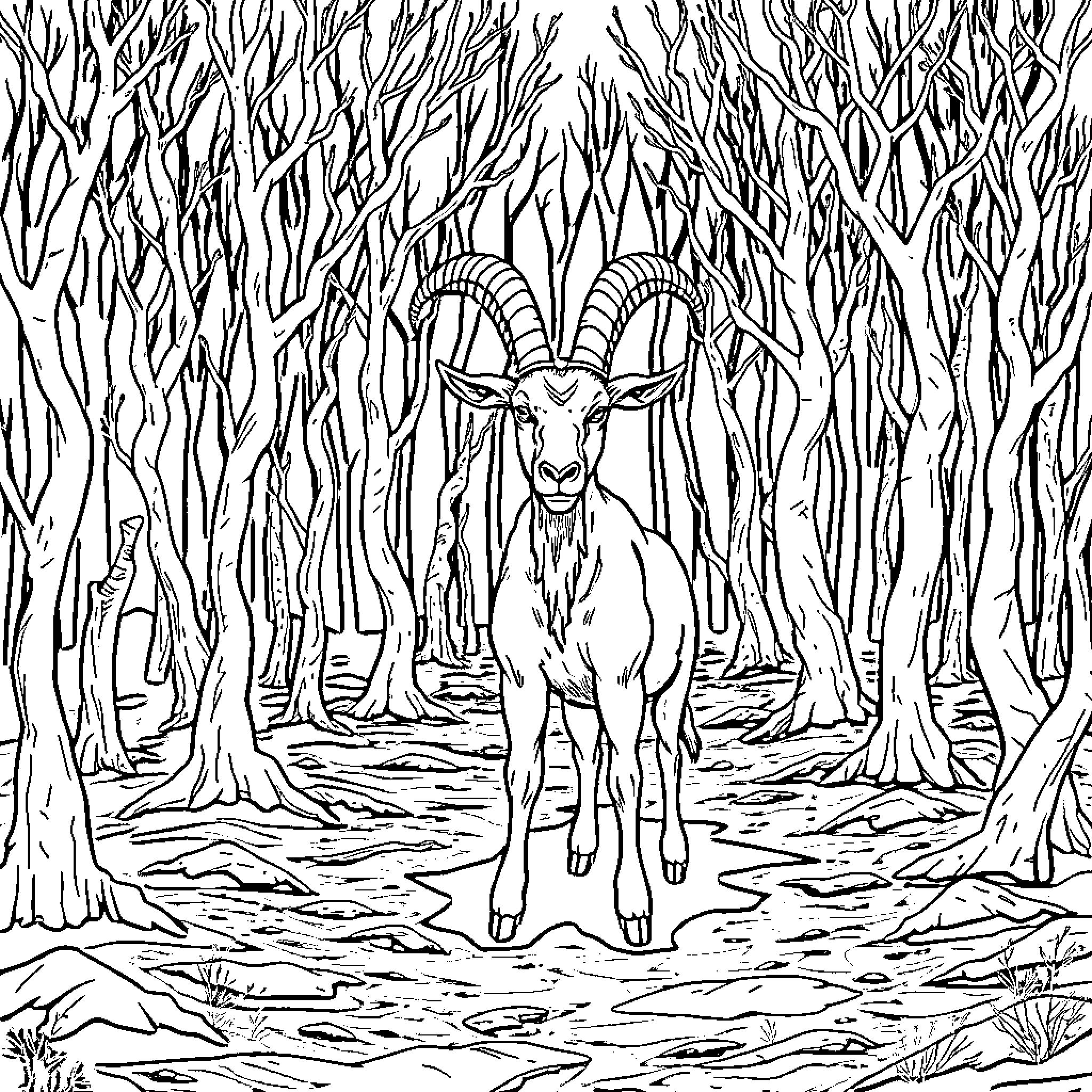 Goat standing amidst the twisted trees Coloring Page (free black-and-white line drawing printable PDF for all, from beginners to advanced learners, including children, teens, adults, and seniors)