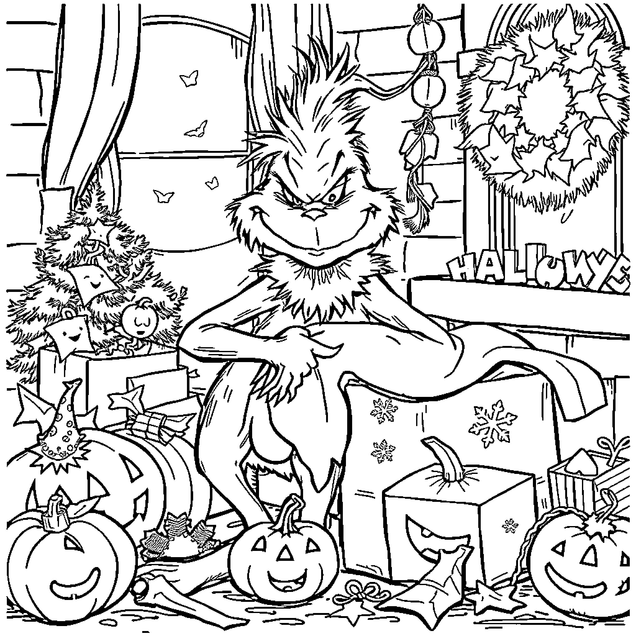 Grinch Causing Mischief in Holiday Scene Coloring Page (free black-and-white line drawing printable PDF for all, from beginners to advanced learners, including children, teens, adults, and seniors)