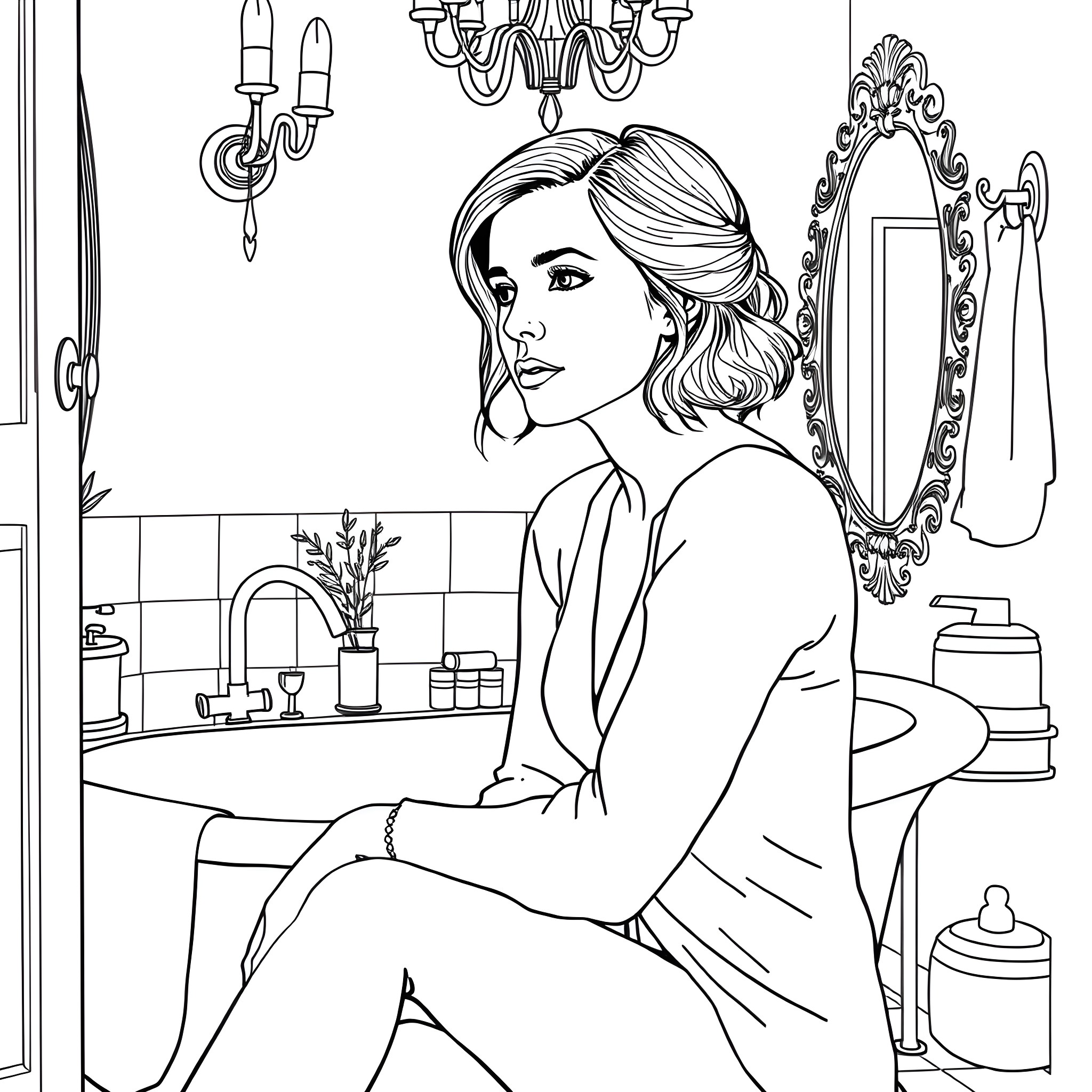 Emma Watson contemplating in a luxurious bathroom setting Coloring Page (free black-and-white line drawing printable PDF for all, from beginners to advanced learners, including children, teens, adults, and seniors)