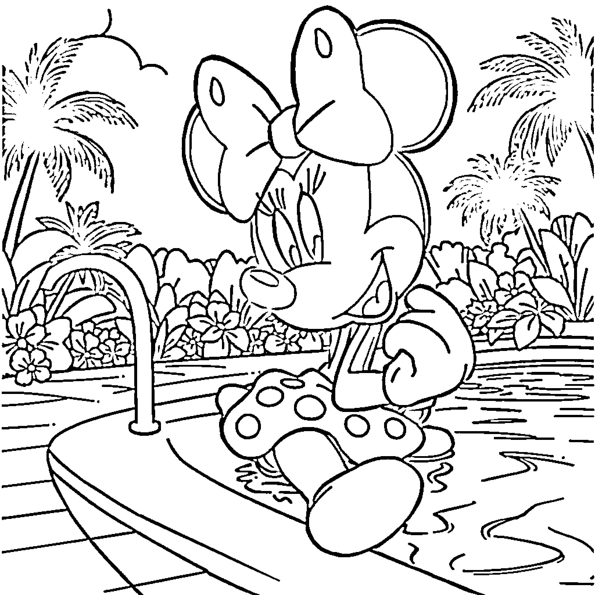Minnie's Tropical Adventure Coloring Page (free black-and-white line drawing printable PDF for all, from beginners to advanced learners, including children, teens, adults, and seniors)