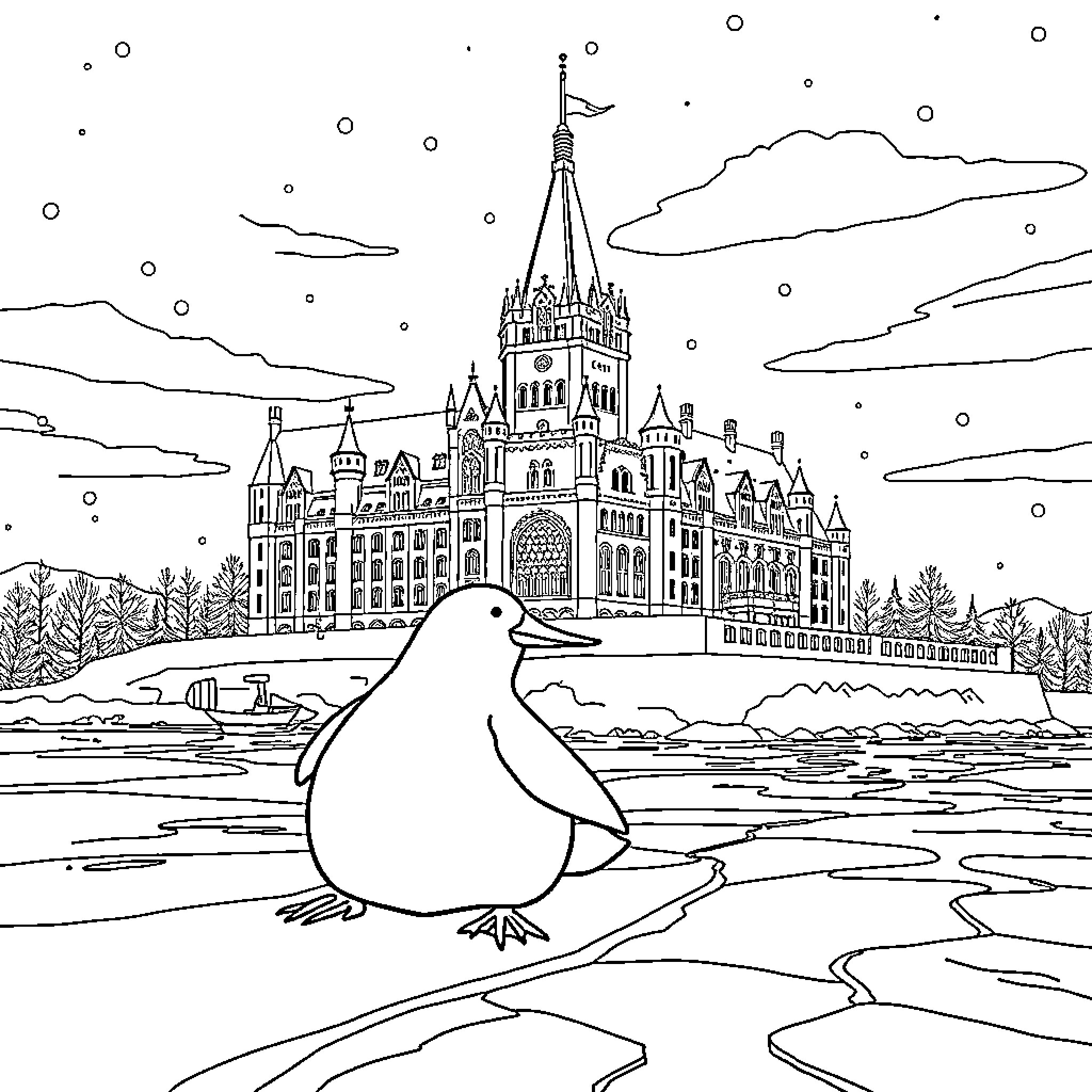 Canoe riding past a grand castle in the winter Coloring Page (free black-and-white line drawing printable PDF for all, from beginners to advanced learners, including children, teens, adults, and seniors)