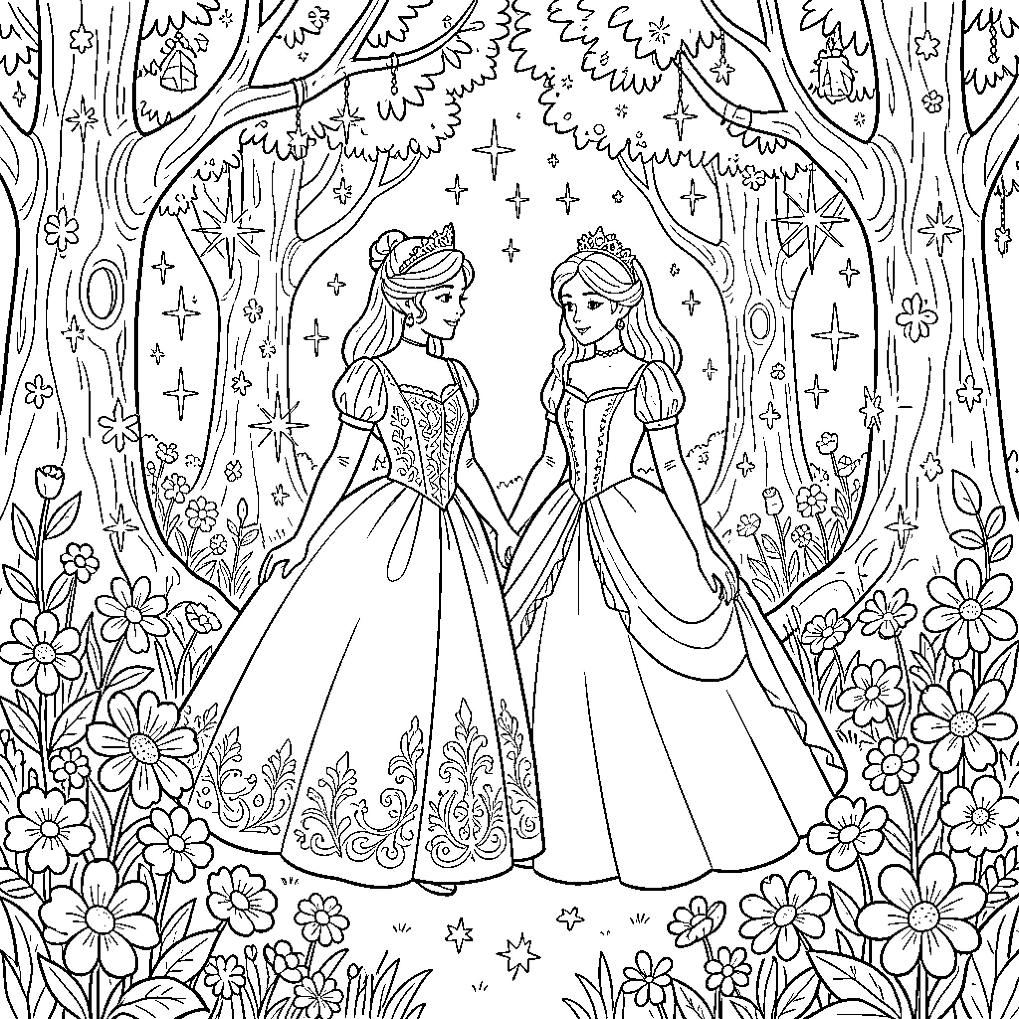 Cinderella and the Princess in the Magical Forest Coloring Page (free black-and-white line drawing printable PDF for all, from beginners to advanced learners, including children, teens, adults, and seniors)