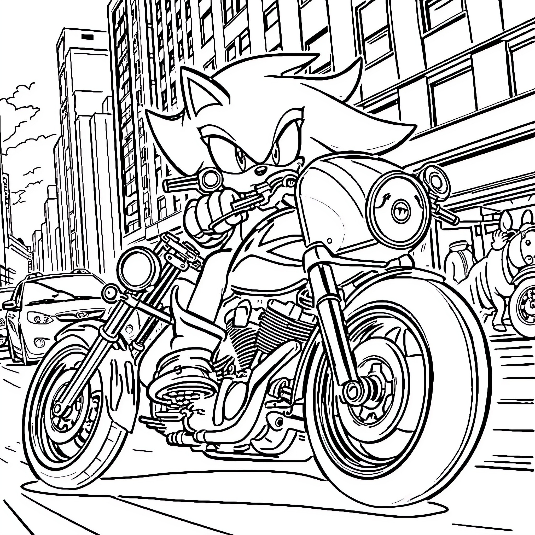Sonic riding a motorcycle through a city Coloring Page (free black-and-white line drawing printable PDF for all, from beginners to advanced learners, including children, teens, adults, and seniors)