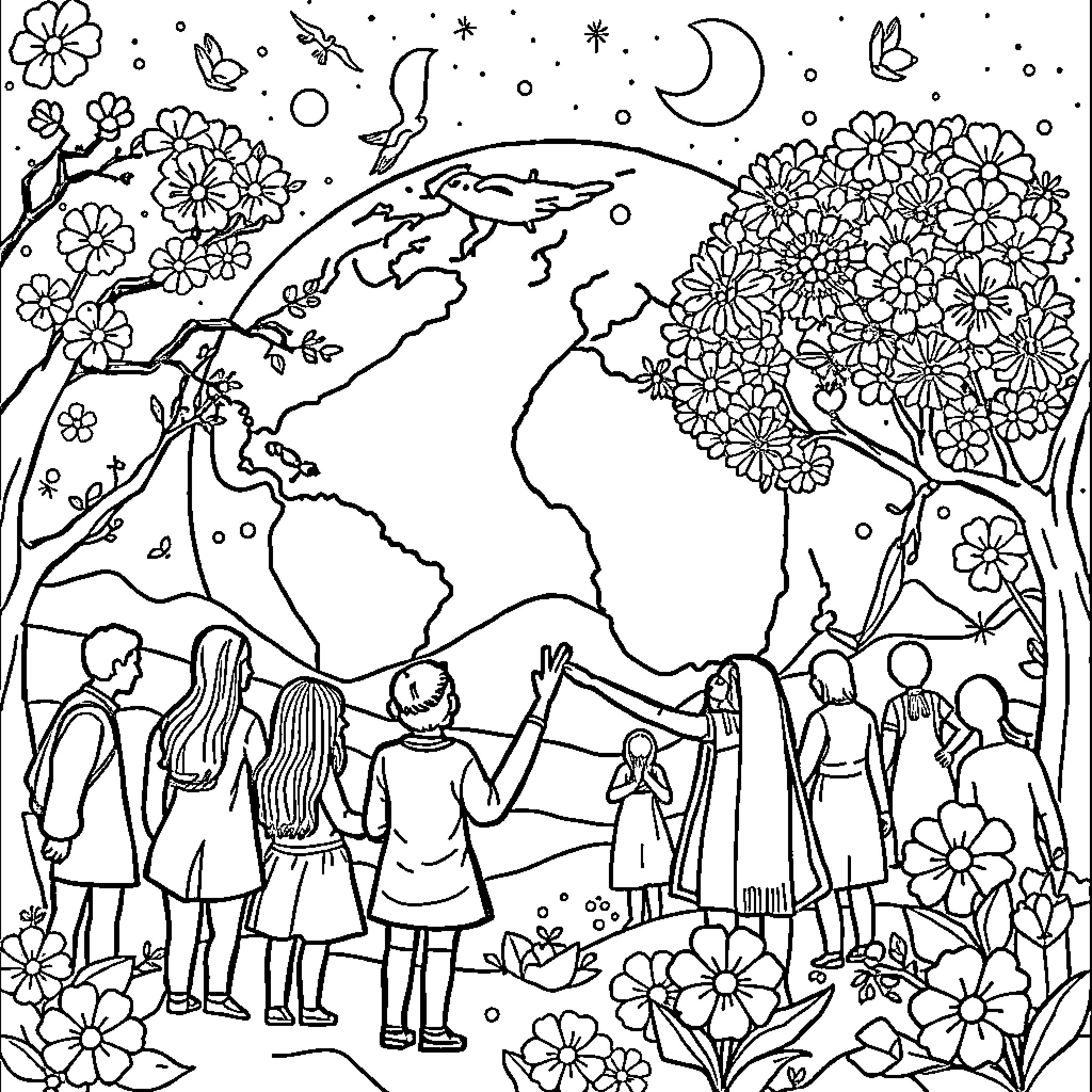 Pea-ceful Global Community Celebration Coloring Page (free black-and-white line drawing printable PDF for all, from beginners to advanced learners, including children, teens, adults, and seniors)