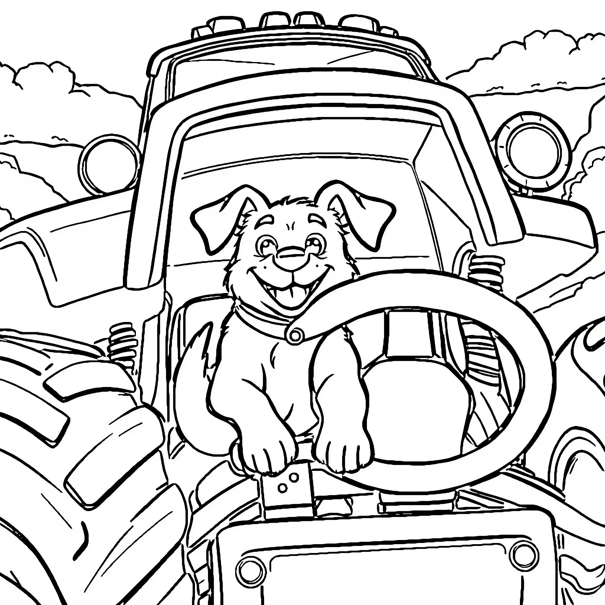 Doggy driving happy tractor on the farm Coloring Page (free black-and-white line drawing printable PDF for all, from beginners to advanced learners, including children, teens, adults, and seniors)