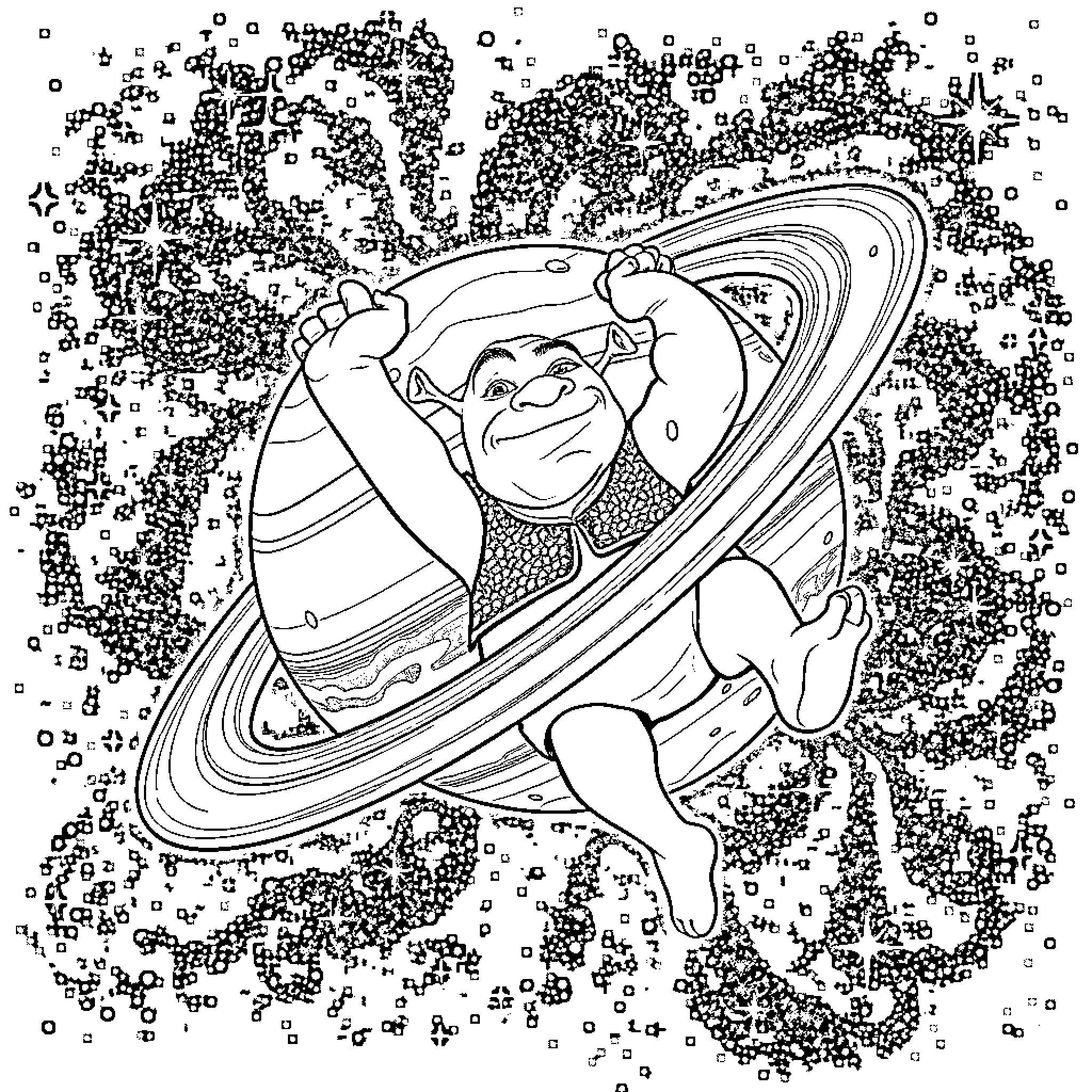 Shrek flying through the cosmos in a spaceship Coloring Page (free black-and-white line drawing printable PDF for all, from beginners to advanced learners, including children, teens, adults, and seniors)