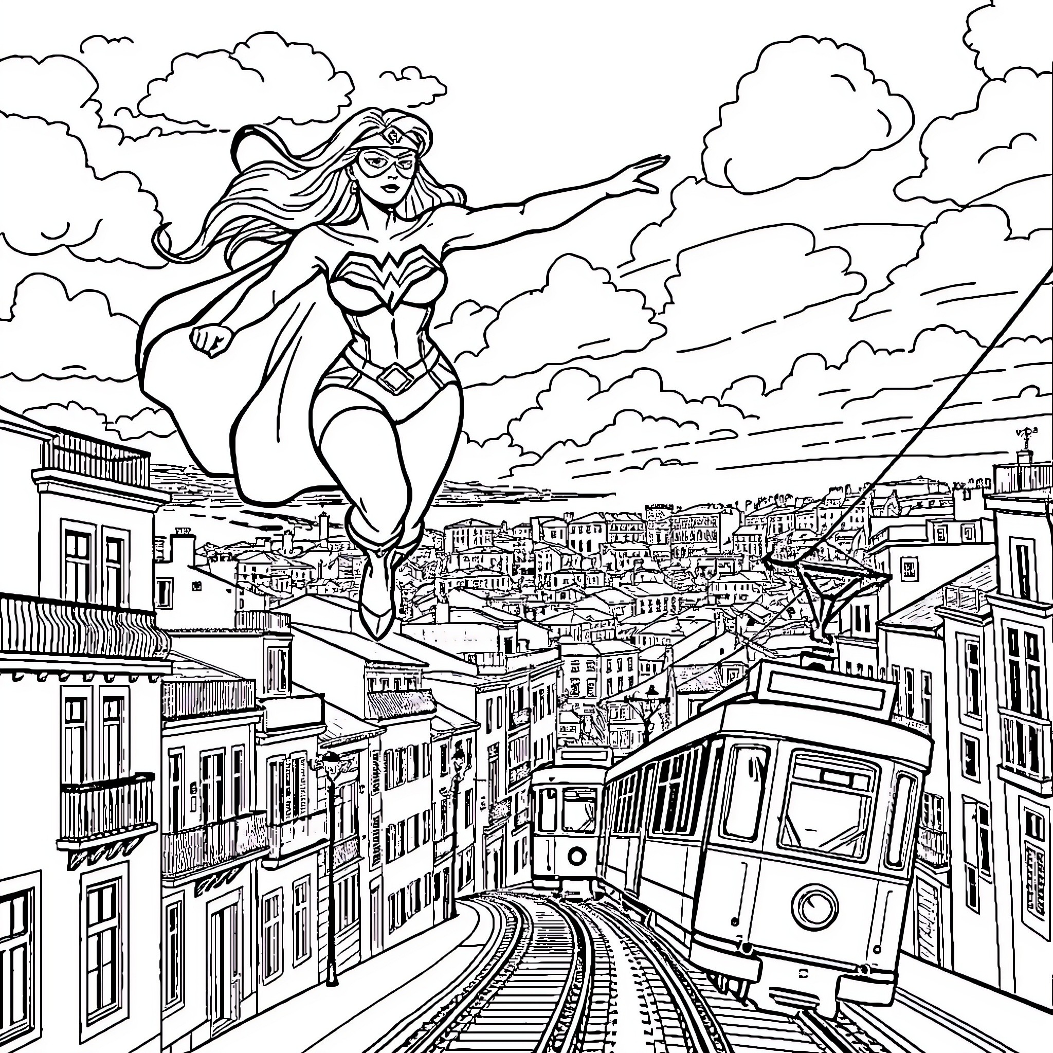 Superwoman soaring over the city skyline Coloring Page (free black-and-white line drawing printable PDF for all, from beginners to advanced learners, including children, teens, adults, and seniors)