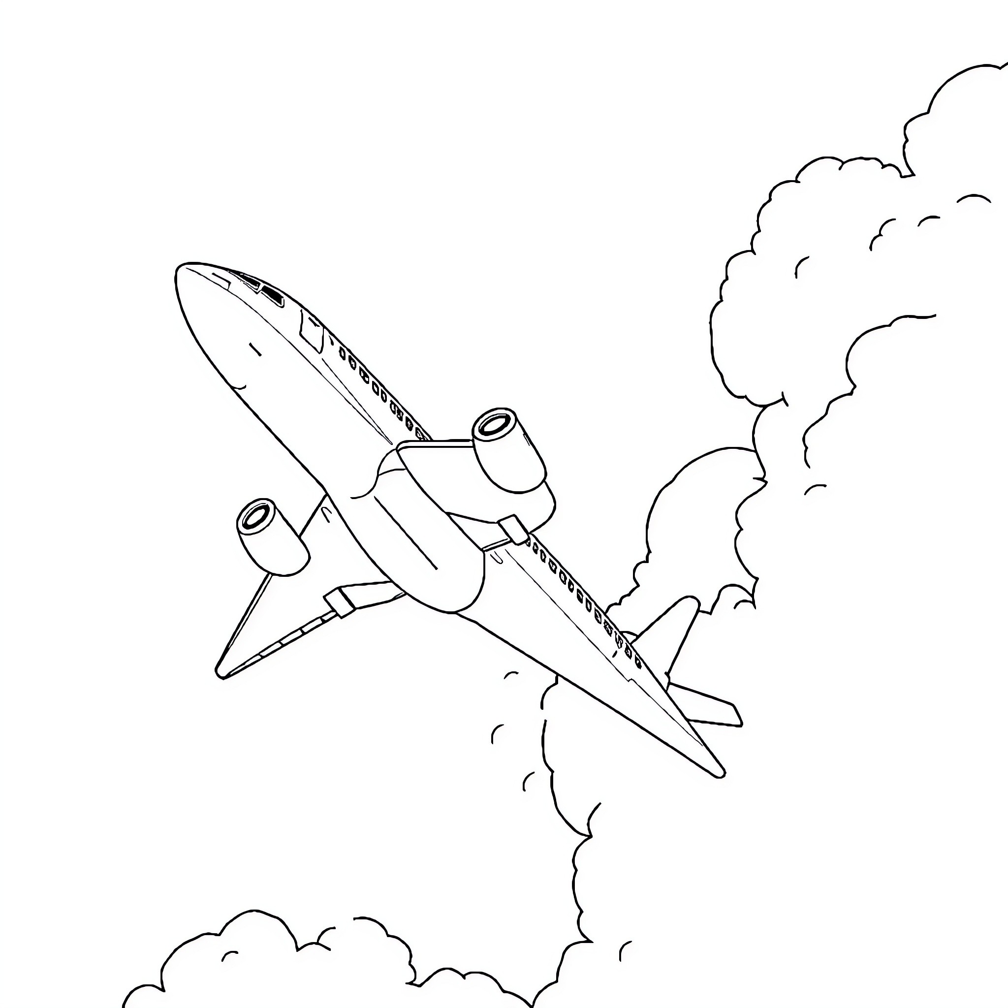 Plane taking off with smoke trail Coloring Page (free black-and-white line drawing printable PDF for all, from beginners to advanced learners, including children, teens, adults, and seniors)
