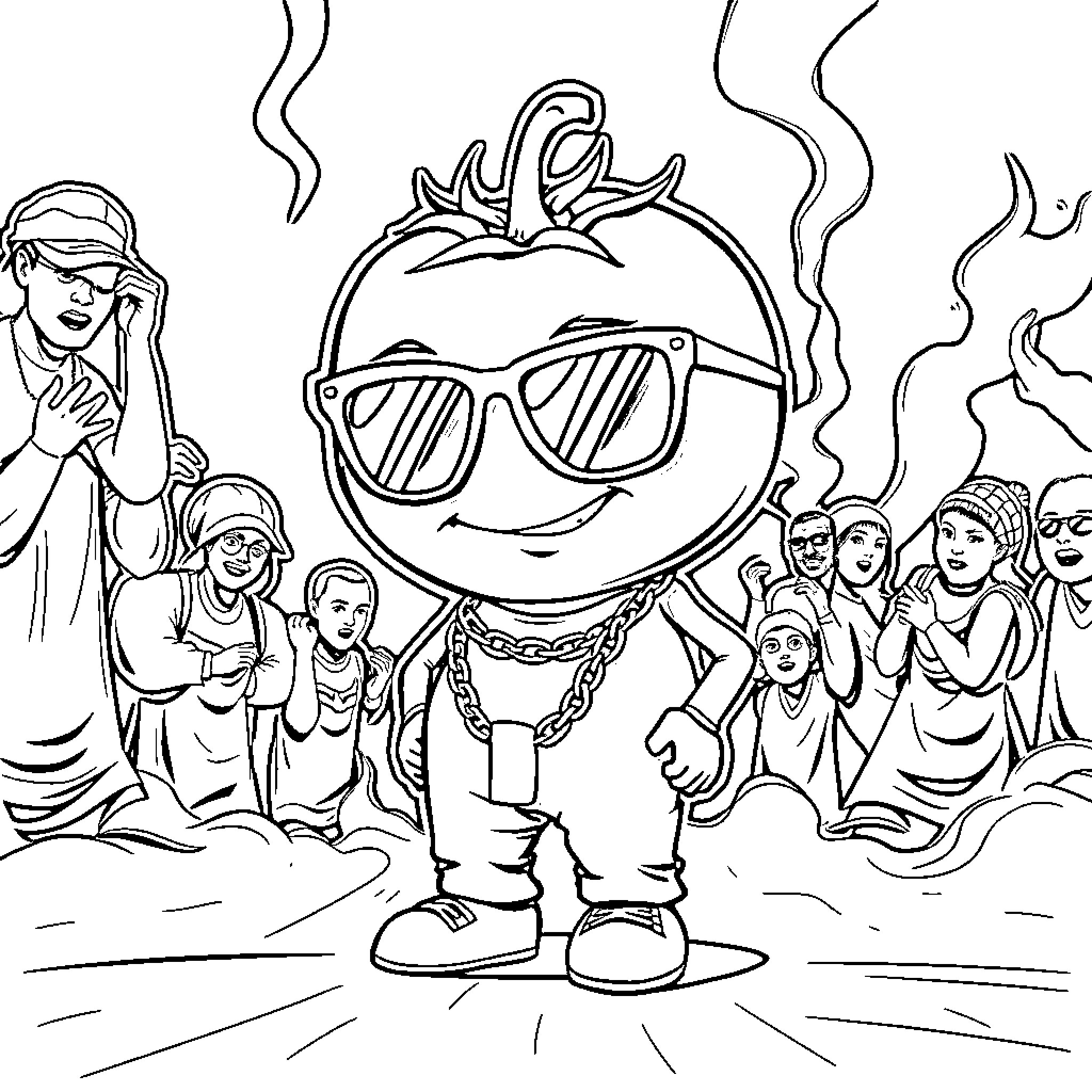 Tomato character in sunglasses surrounded by people Coloring Page (free black-and-white line drawing printable PDF for all, from beginners to advanced learners, including children, teens, adults, and seniors)