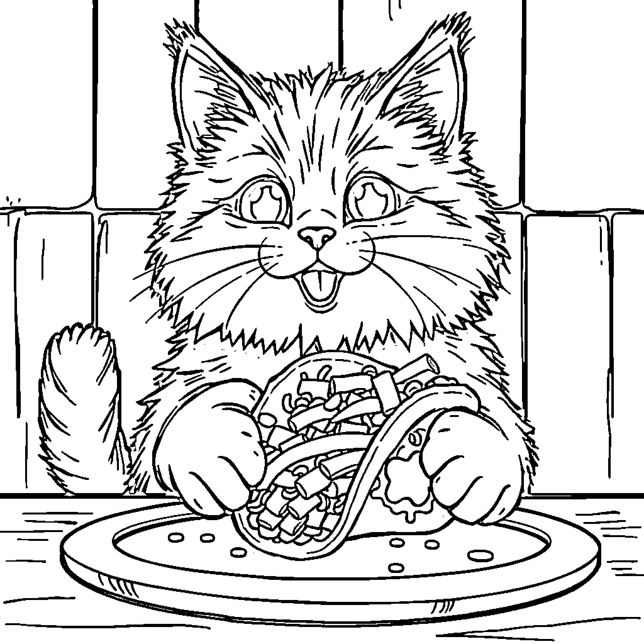 Cat enjoying a meal on a plate Coloring Page (free black-and-white line drawing printable PDF for all, from beginners to advanced learners, including children, teens, adults, and seniors)