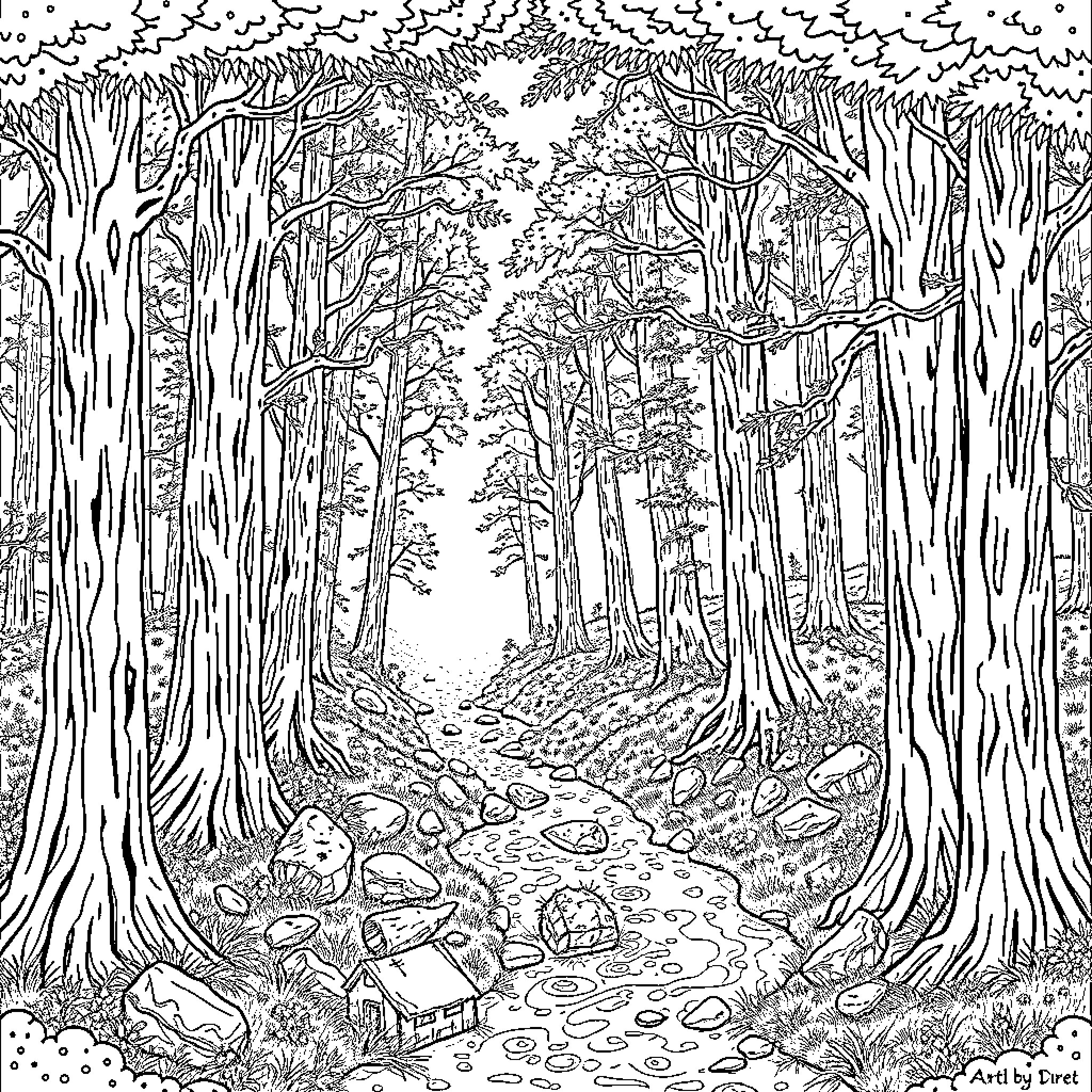 Forest path through dense woodland Coloring Page (free black-and-white line drawing printable PDF for all, from beginners to advanced learners, including children, teens, adults, and seniors)