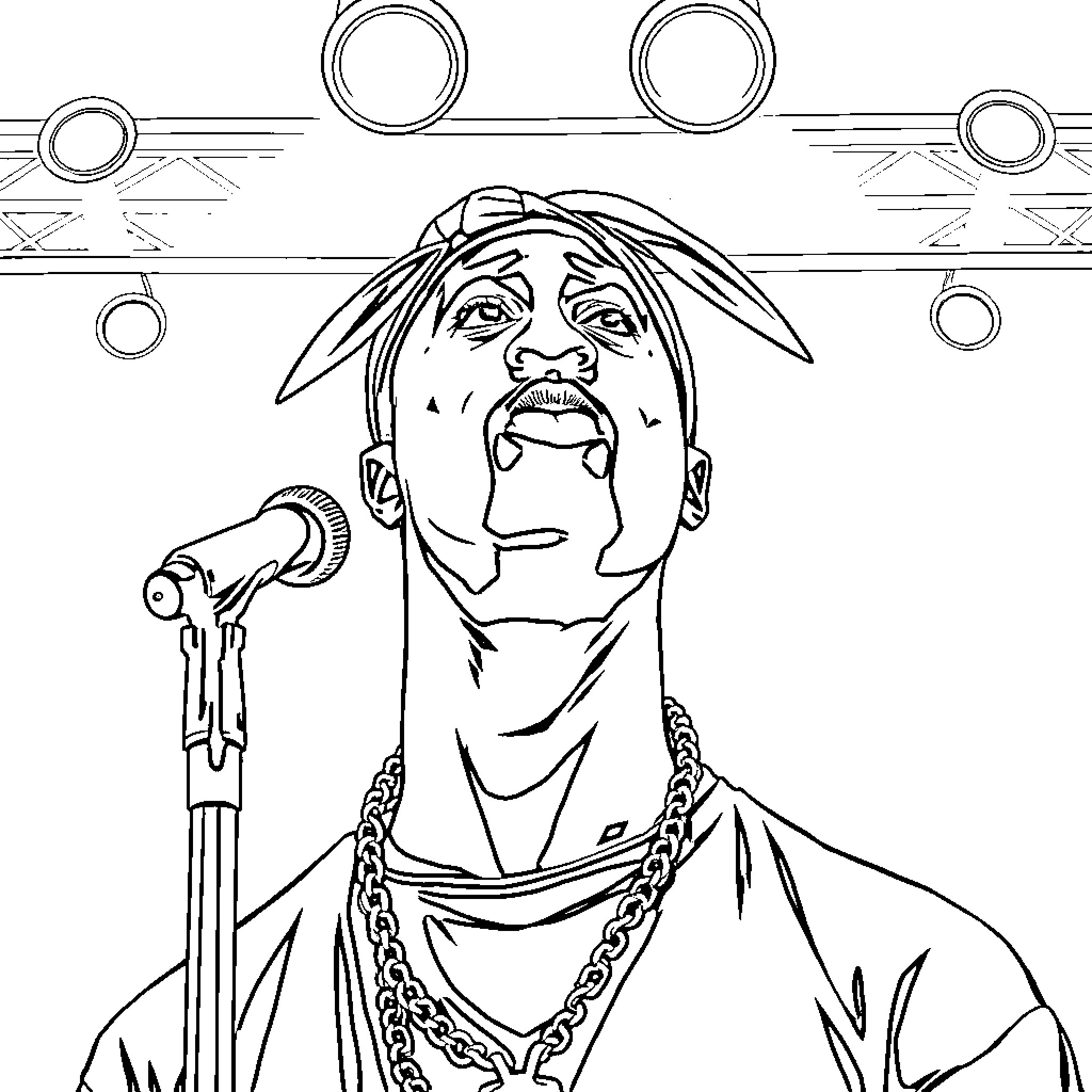 Tupac Shakur performing on stage with microphone Coloring Page (free black-and-white line drawing printable PDF for all, from beginners to advanced learners, including children, teens, adults, and seniors)