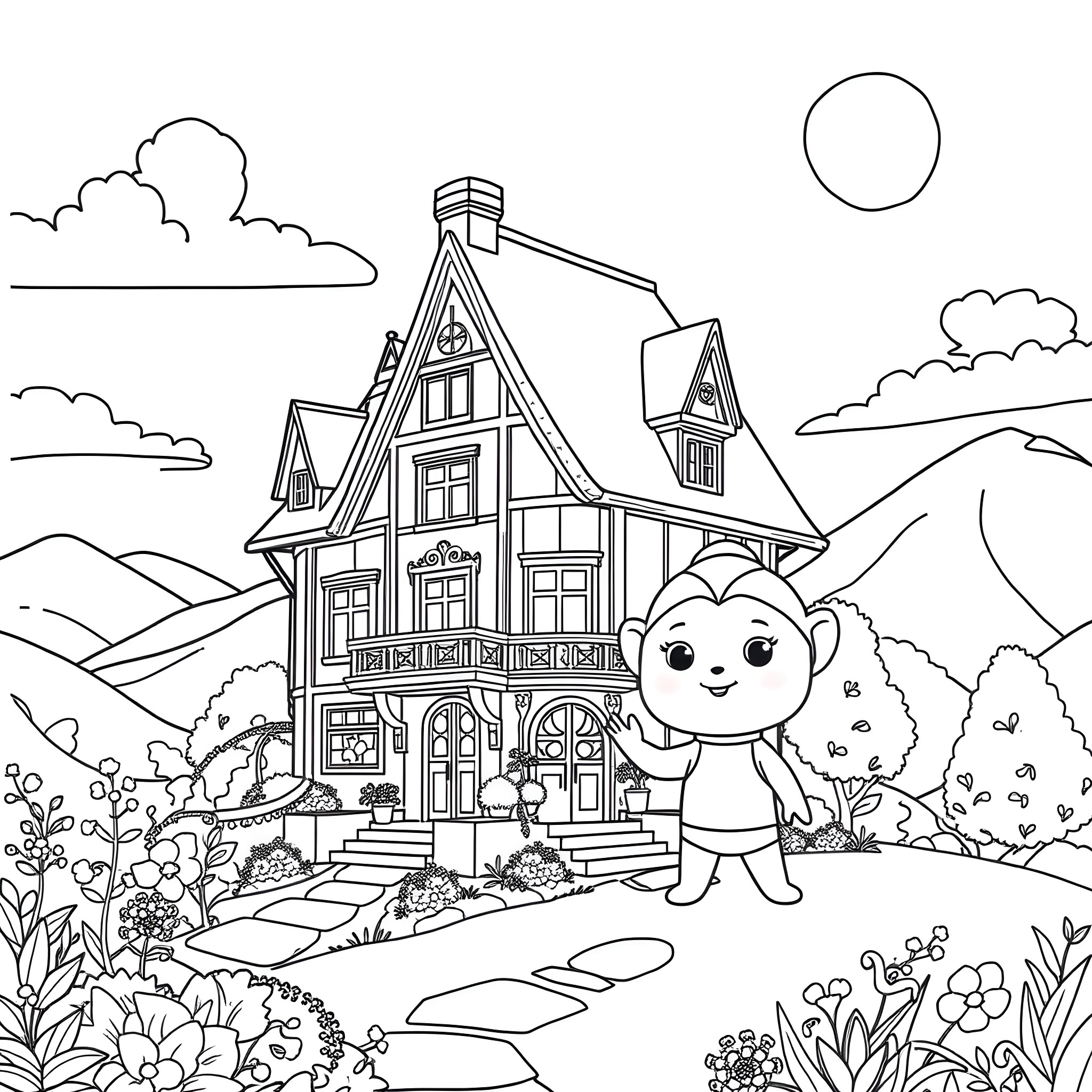 Kwazi exploring the charming cottage in the countryside Coloring Page (free black-and-white line drawing printable PDF for all, from beginners to advanced learners, including children, teens, adults, and seniors)