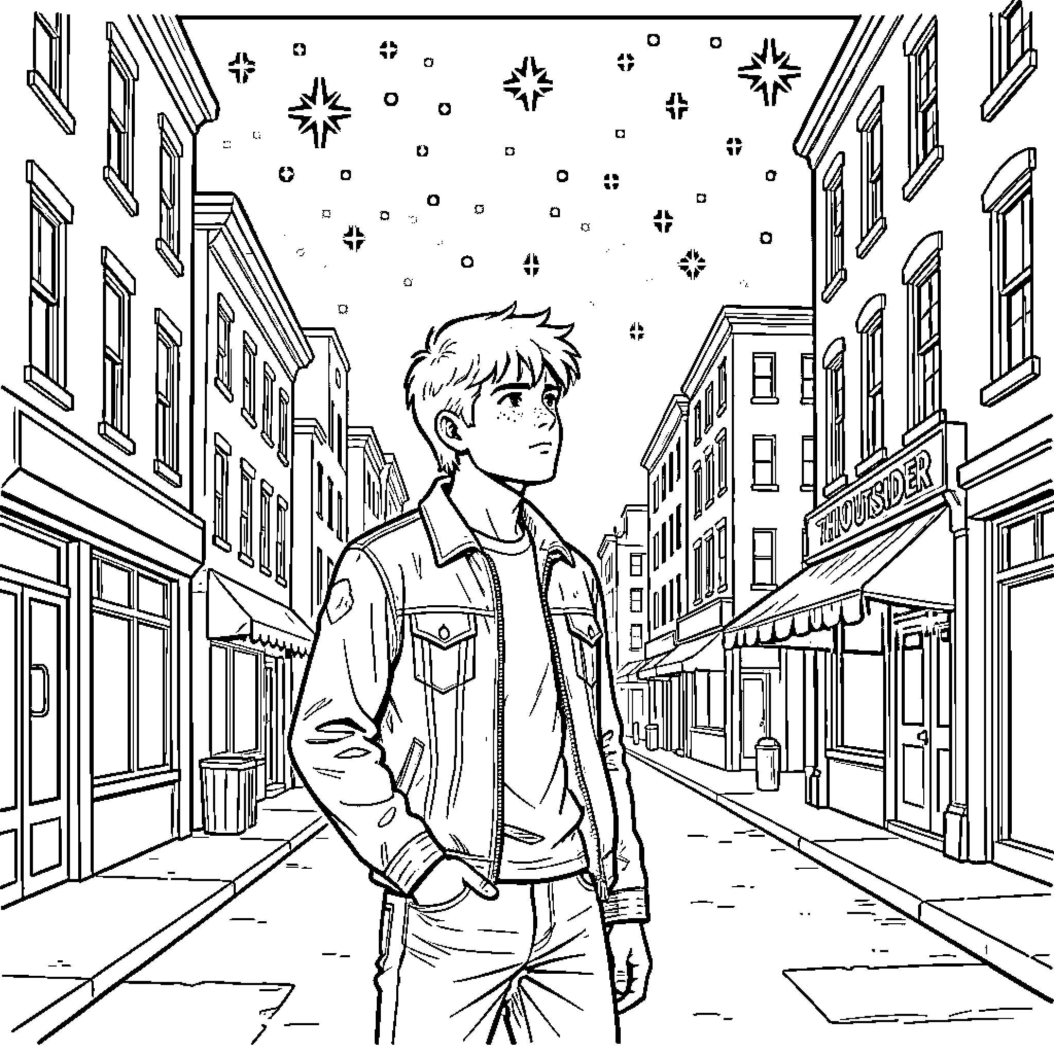 Pony Boy explores the city at night Coloring Page (free black-and-white line drawing printable PDF for all, from beginners to advanced learners, including children, teens, adults, and seniors)