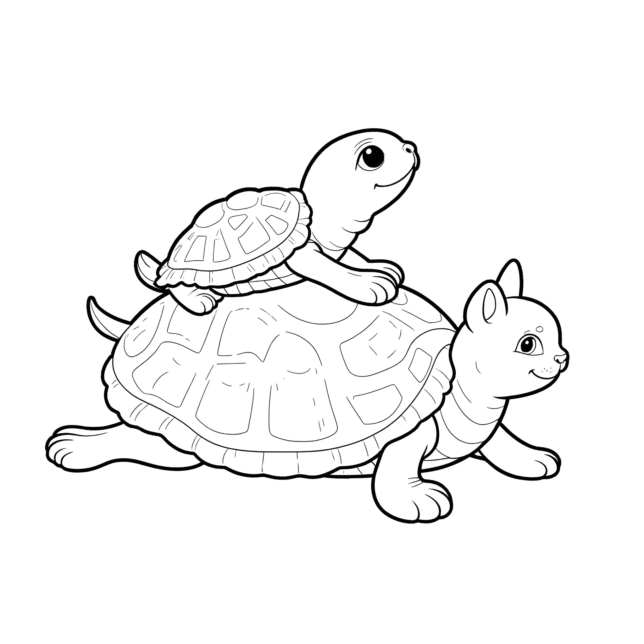 Turtle and kitten playing together Coloring Page (free black-and-white line drawing printable PDF for all, from beginners to advanced learners, including children, teens, adults, and seniors)