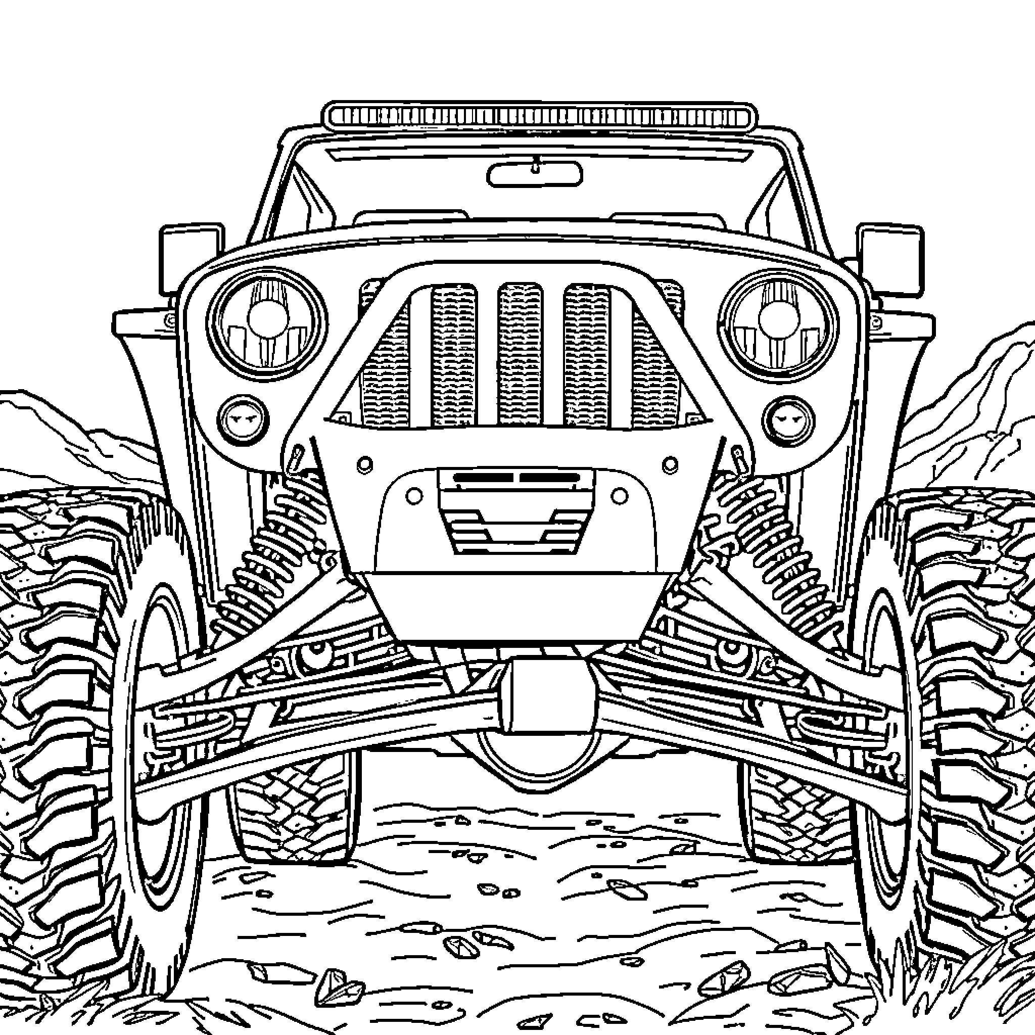 Suspension System of an off-road vehicle on rugged terrain Coloring Page (free black-and-white line drawing printable PDF for all, from beginners to advanced learners, including children, teens, adults, and seniors)