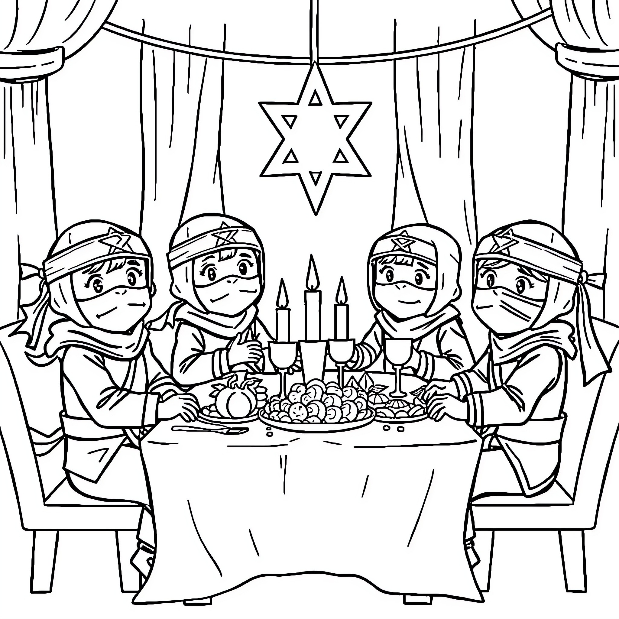 Ninja family celebrating Hanukkah together Coloring Page (free black-and-white line drawing printable PDF for all, from beginners to advanced learners, including children, teens, adults, and seniors)