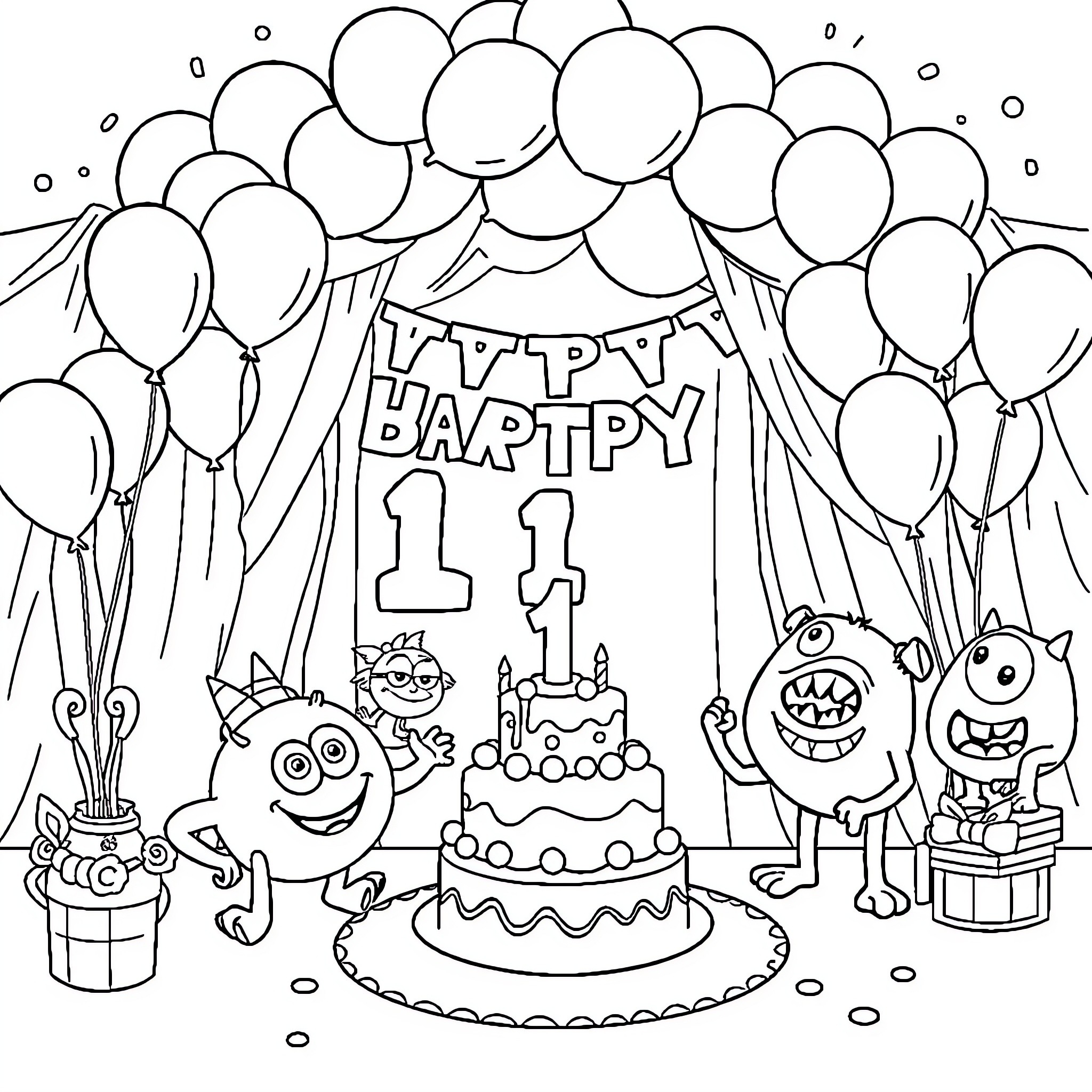 Monster birthday party with decorations and cake Coloring Page (free black-and-white line drawing printable PDF for all, from beginners to advanced learners, including children, teens, adults, and seniors)
