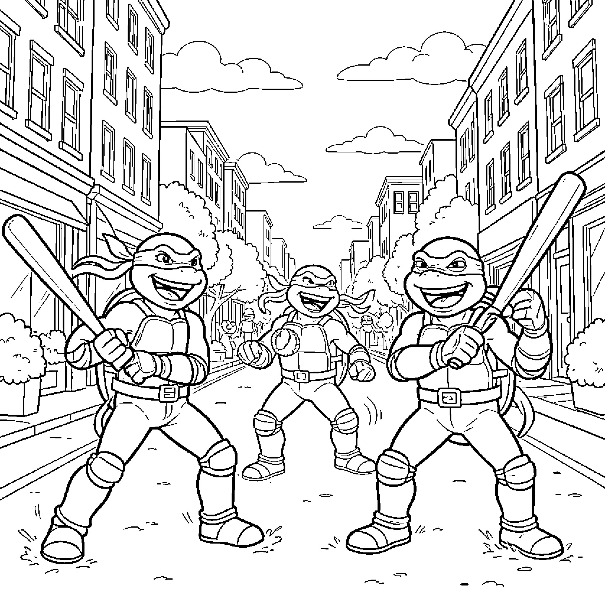 Ninja Turtles in the City Streets Coloring Page (free black-and-white line drawing printable PDF for all, from beginners to advanced learners, including children, teens, adults, and seniors)