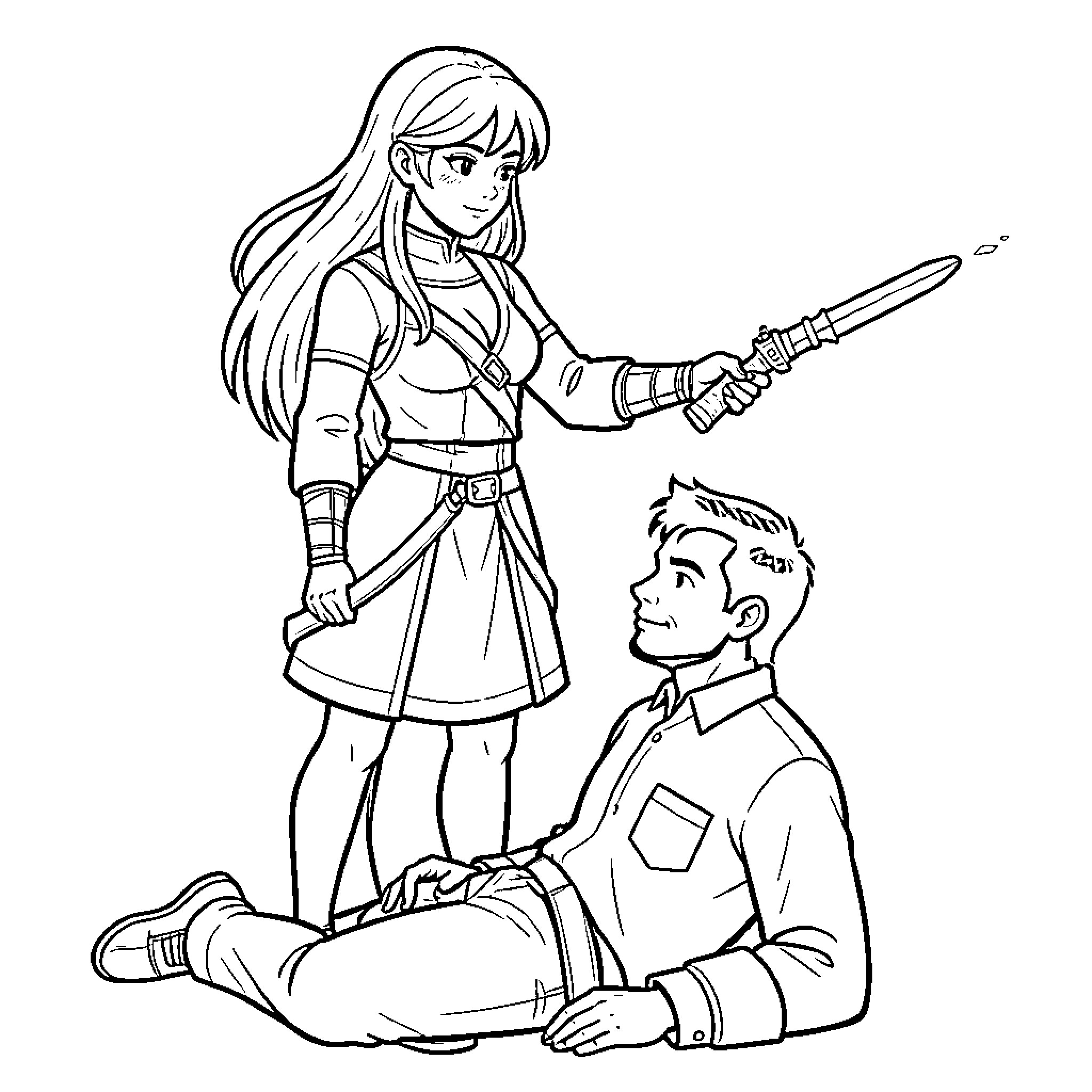 Woman rescuing injured man in heroic action scene Coloring Page (free black-and-white line drawing printable PDF for all, from beginners to advanced learners, including children, teens, adults, and seniors)