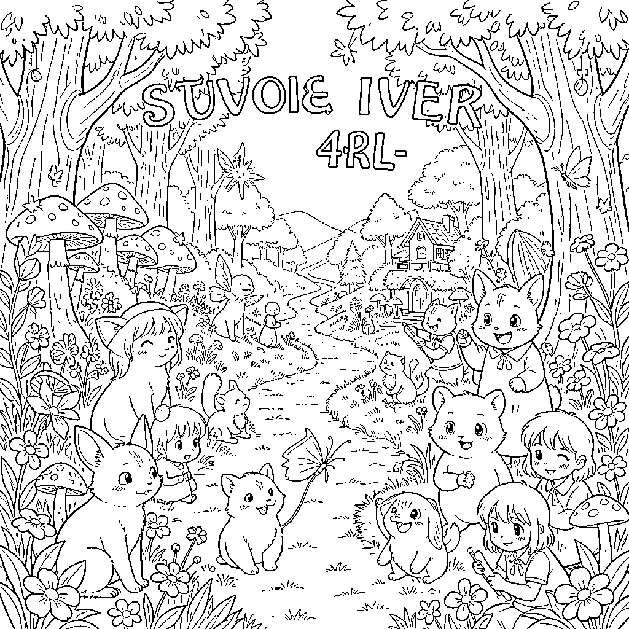 Studio Ghibli-inspired fantasy forest scene Coloring Page (free black-and-white line drawing printable PDF for all, from beginners to advanced learners, including children, teens, adults, and seniors)