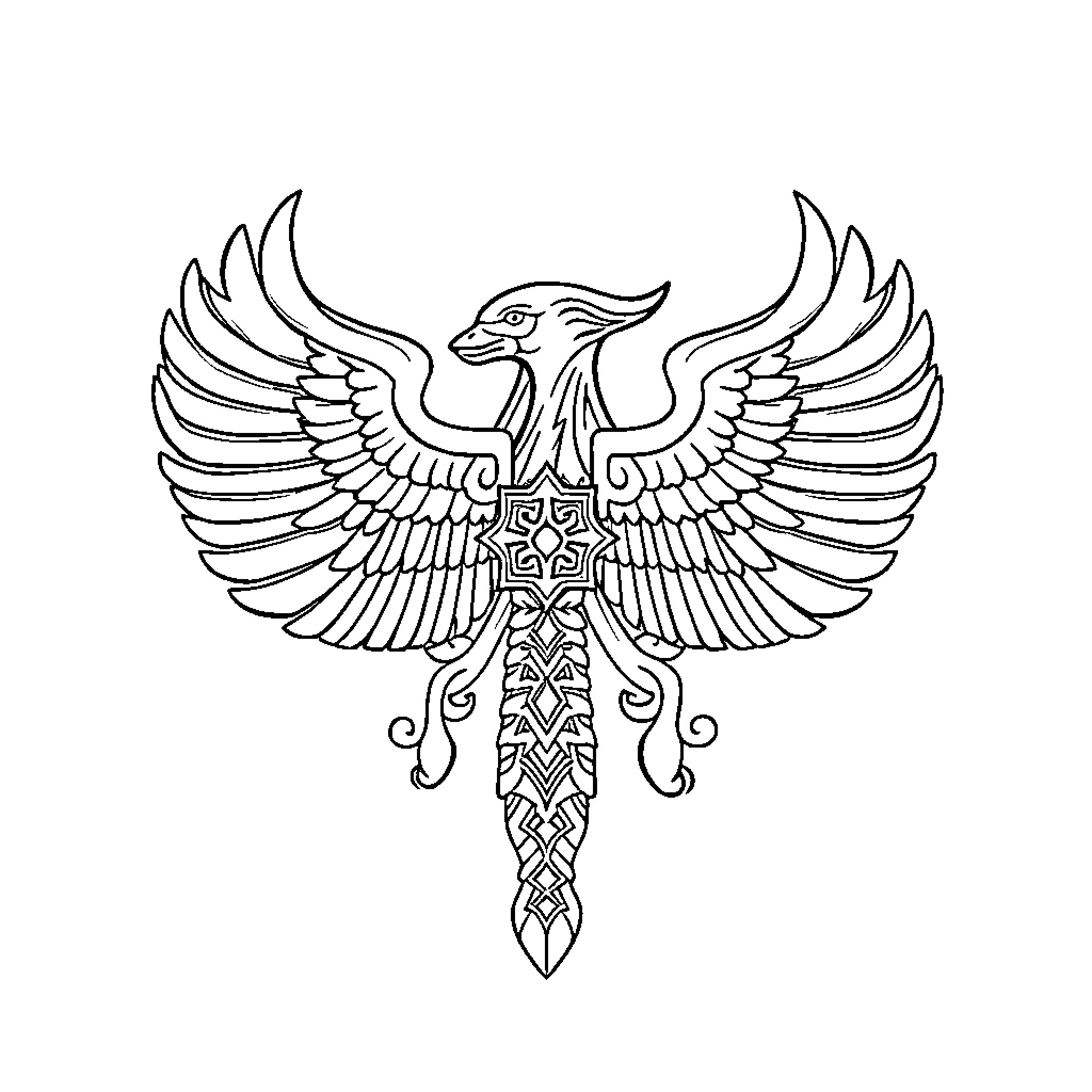 Symbol of Majestic Winged Creature Coloring Page (free black-and-white line drawing printable PDF for all, from beginners to advanced learners, including children, teens, adults, and seniors)