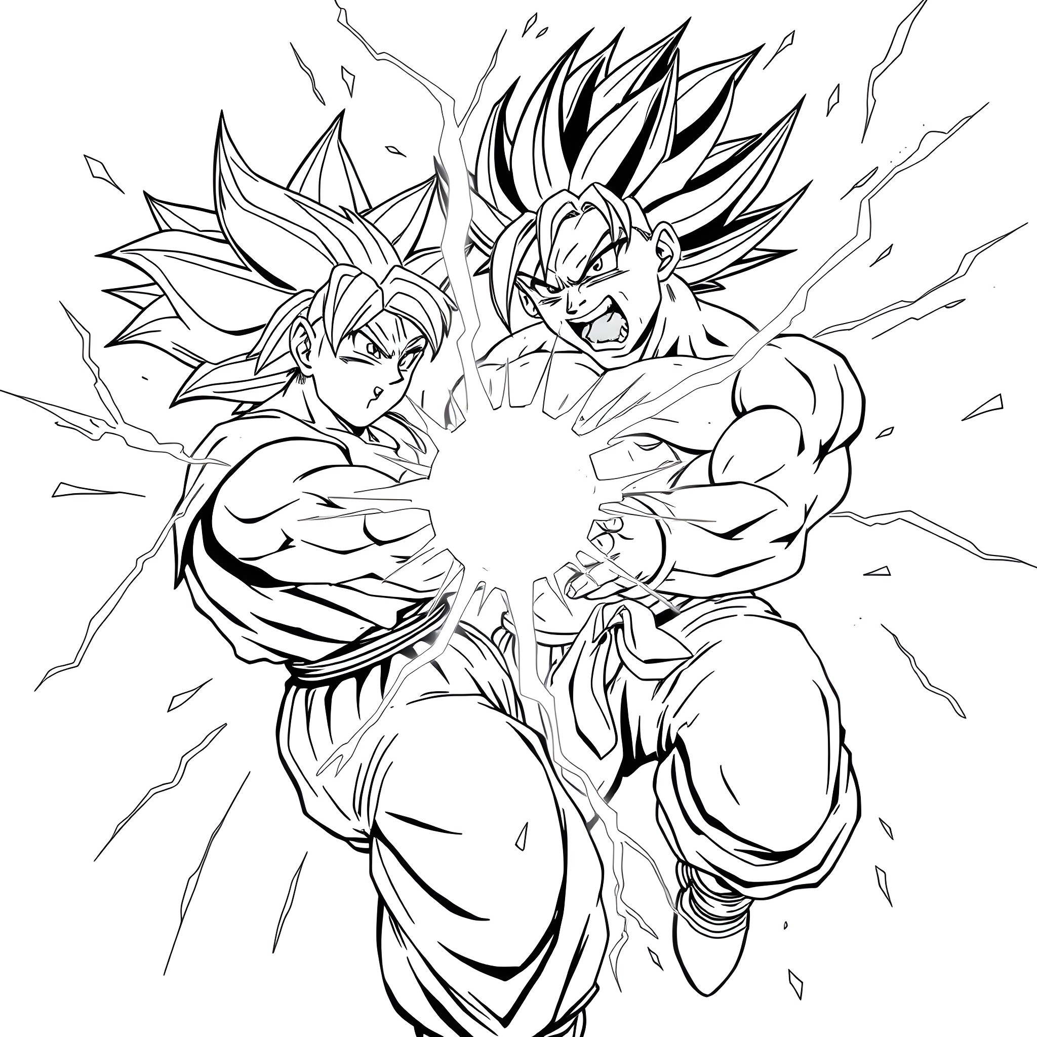 Goku and Vegeta's Intense Battle Coloring Page (free black-and-white line drawing printable PDF for all, from beginners to advanced learners, including children, teens, adults, and seniors)