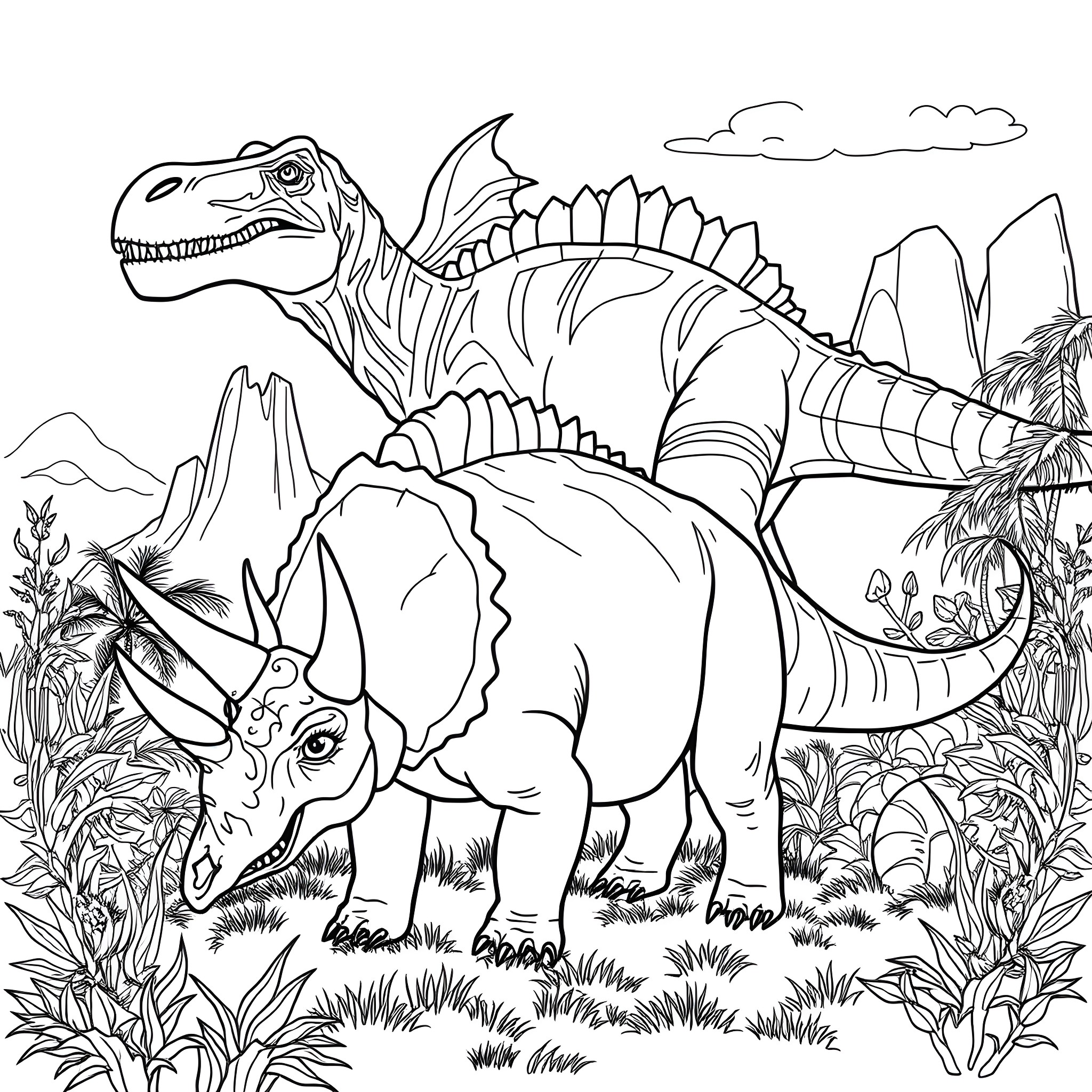 Photoceratops Exploring the Prehistoric Landscape Coloring Page (free black-and-white line drawing printable PDF for all, from beginners to advanced learners, including children, teens, adults, and seniors)