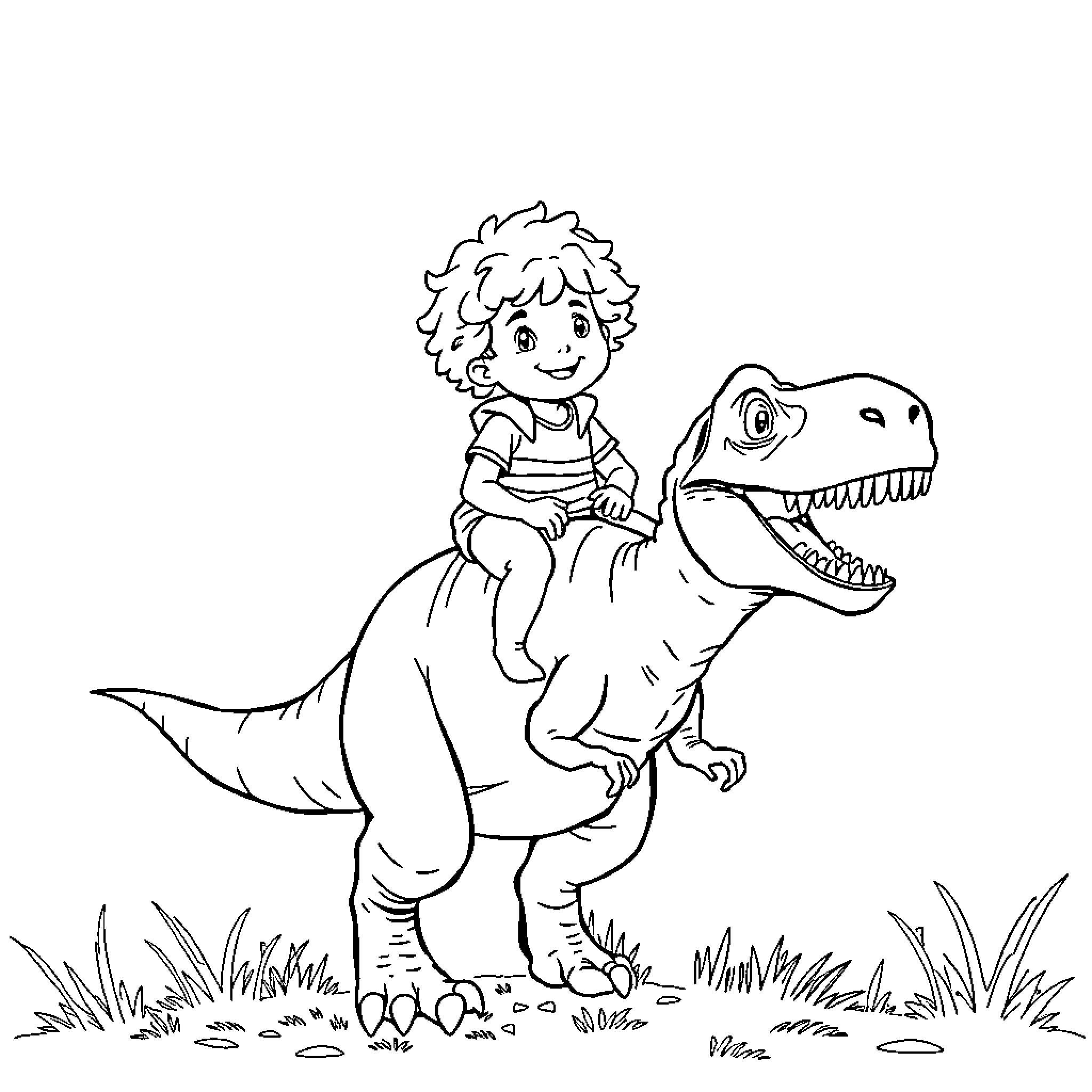 Boy riding a playful dinosaur Coloring Page (free black-and-white line drawing printable PDF for all, from beginners to advanced learners, including children, teens, adults, and seniors)