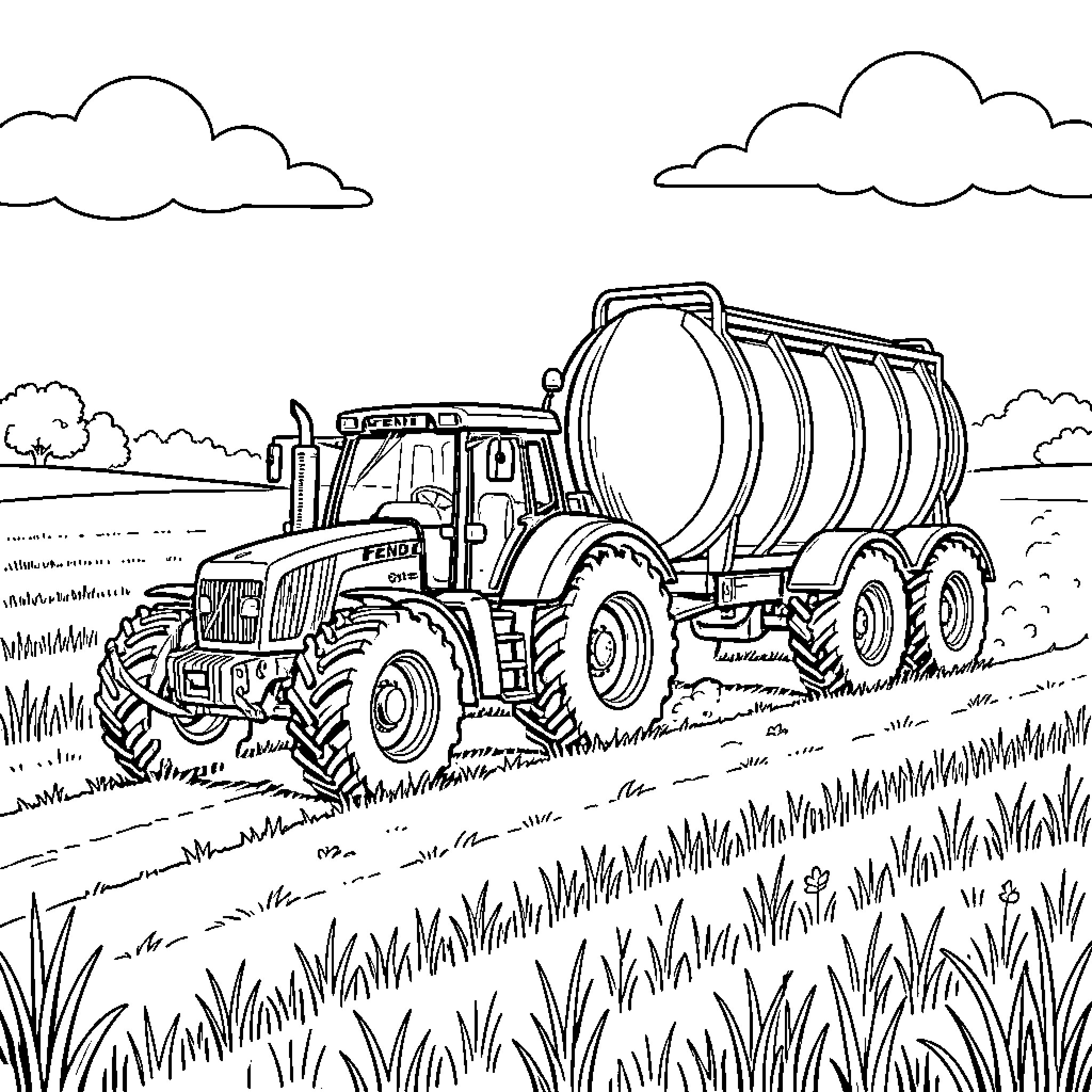 Tractor pulling a large tank through a farm field Coloring Page (free black-and-white line drawing printable PDF for all, from beginners to advanced learners, including children, teens, adults, and seniors)