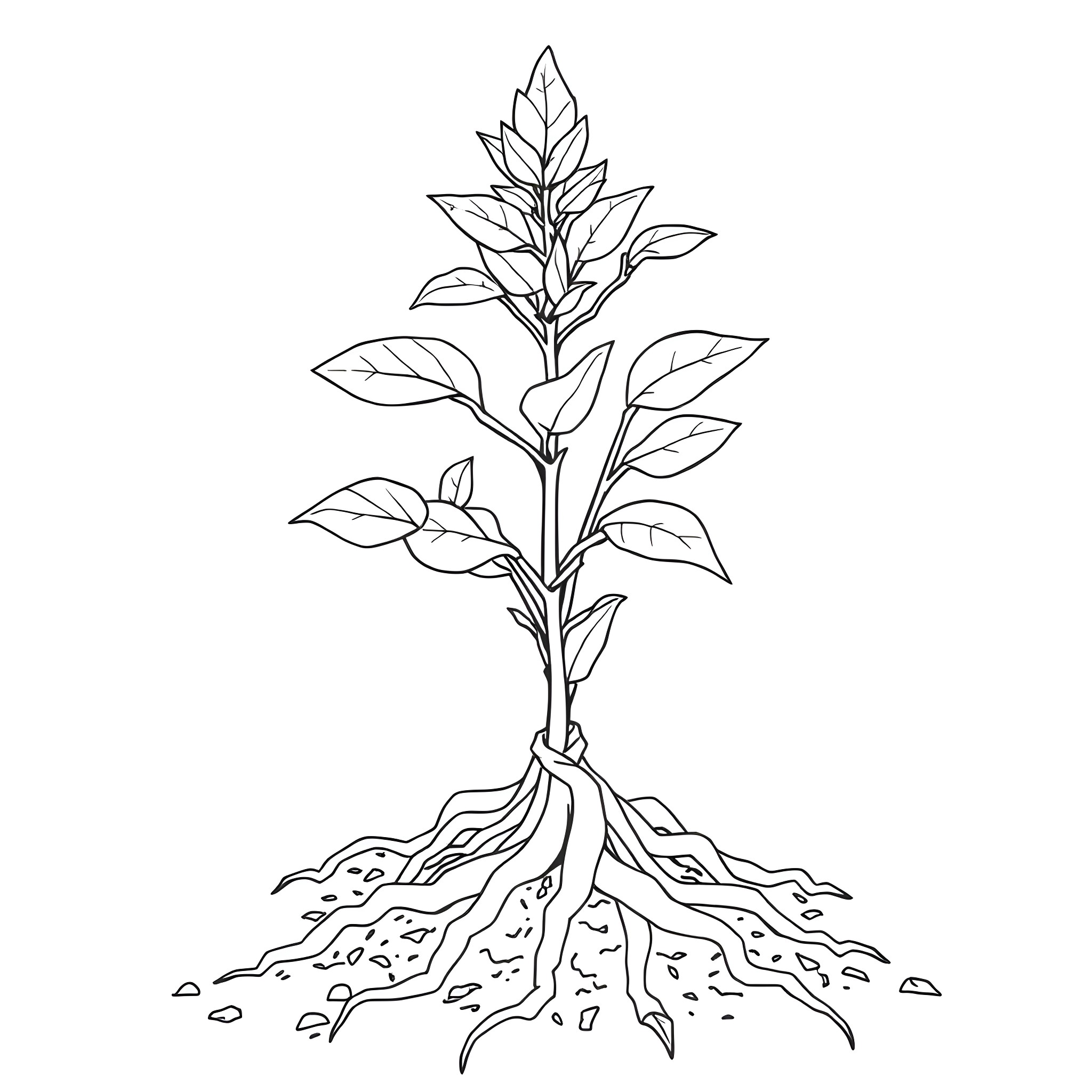 Sage plant with detailed roots and foliage Coloring Page (free black-and-white line drawing printable PDF for all, from beginners to advanced learners, including children, teens, adults, and seniors)